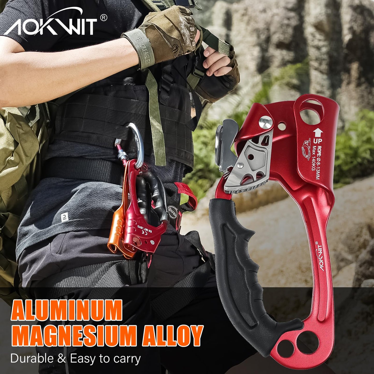 AOKWIT UIAA & CE Certified Rope Ascender Aluminum Alloy Rock Climbing Gear Strong Rigging Rappelling Equipment for Rock Tree Climbing Arborist Rescue Mountaineering Caving (Left Hand Red 1)