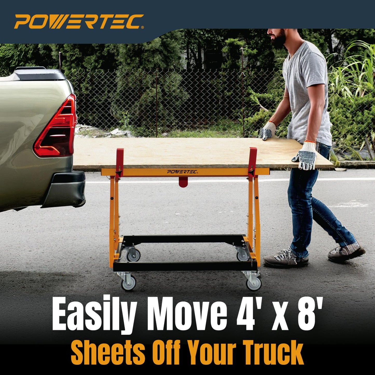 POWERTEC Panel Transfer Cart with Tilting Top - Multi-Purpose Mobile Shop Stand, 220lbs Capacity, 31-37" Adjustable Height, 4" TPR Wheels - 2 Casters with Brake 2 Without (UT1011)
