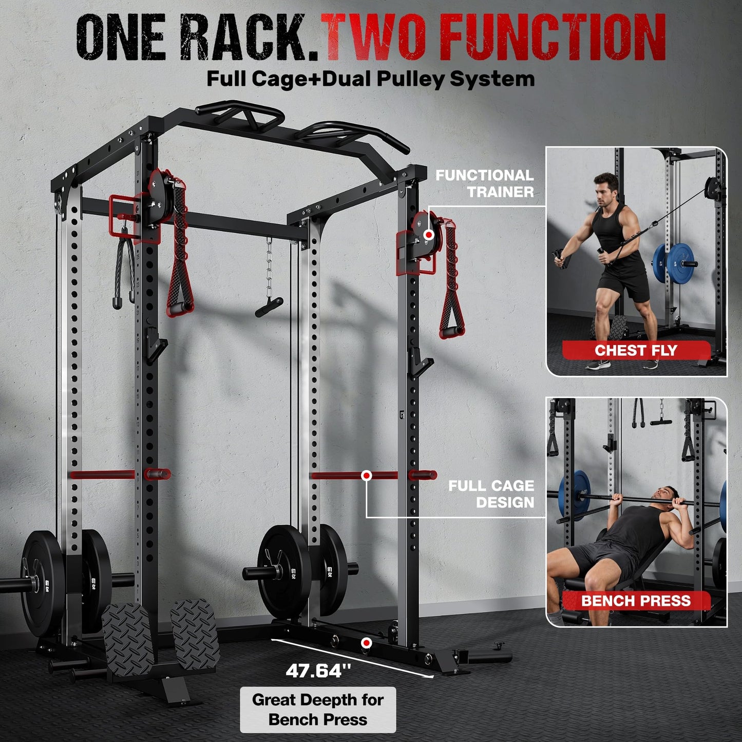 GOIMU DP01 Power Cage, 2000LBS Squat Rack with with Cable Crossover and Dual Independent Pulley System, Full Cage for Full Body Training, Power Rack with More Training Attachments for Home Gym(BK-Pro)