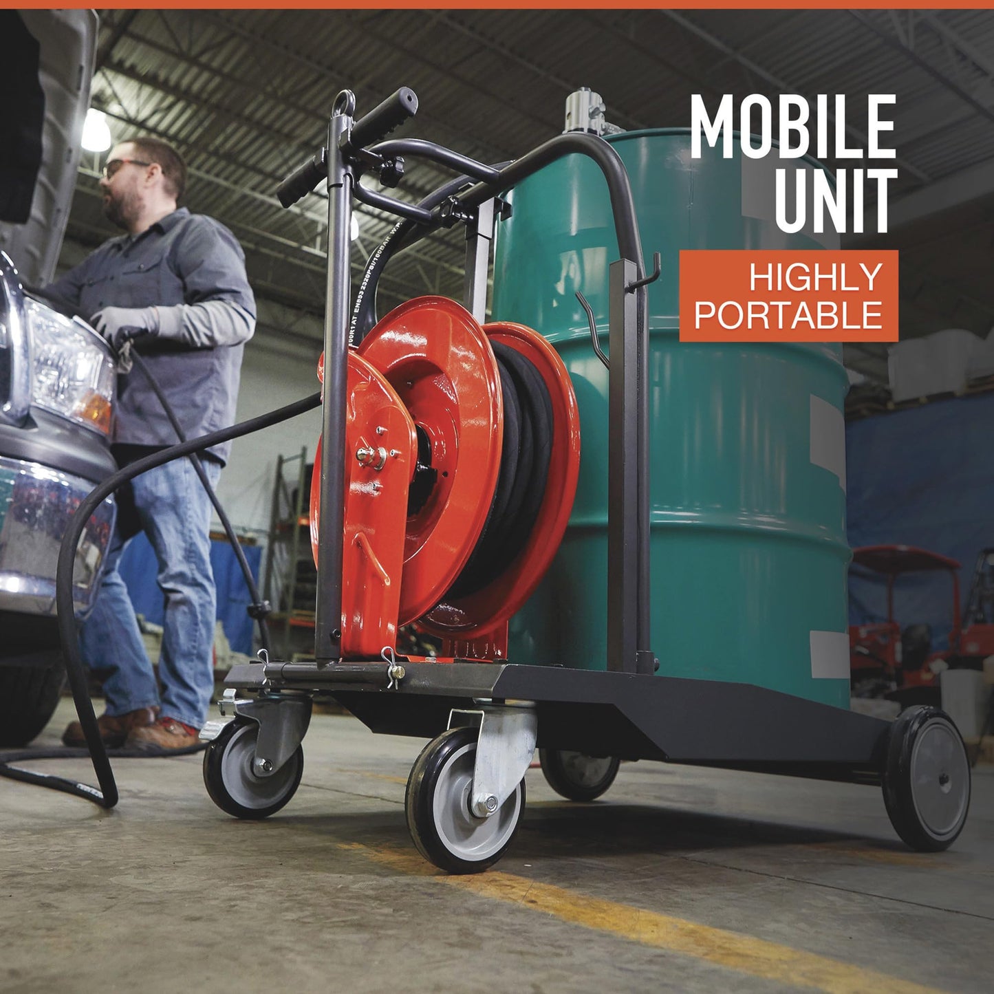 Ironton Mobile Oil Pump Kit, Air-Operated 5:1 Pneumatic Drum Pump with 3.7 GPM Flow, 50-Foot Retractable Hose Reel, Heavy-Duty Trolley Cart & Digital Control Valve Dispensing System