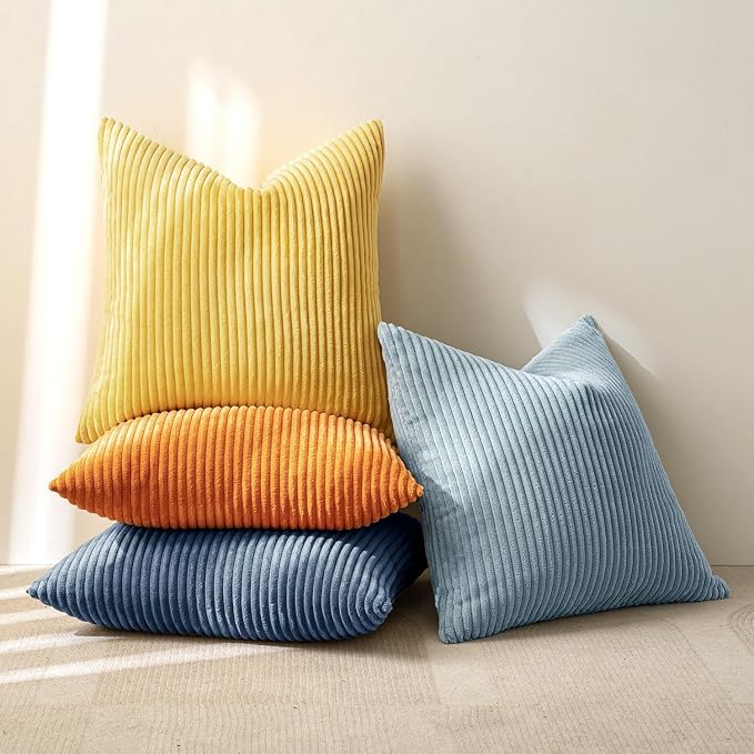 MIULEE Pack of 4 Blue-Orange Corduroy Decorative Throw Pillow Covers 20x20 Inch Soft Boho Striped Pillow Covers Modern Farmhouse Home Decor for Summer Sofa Living Room Couch Bed