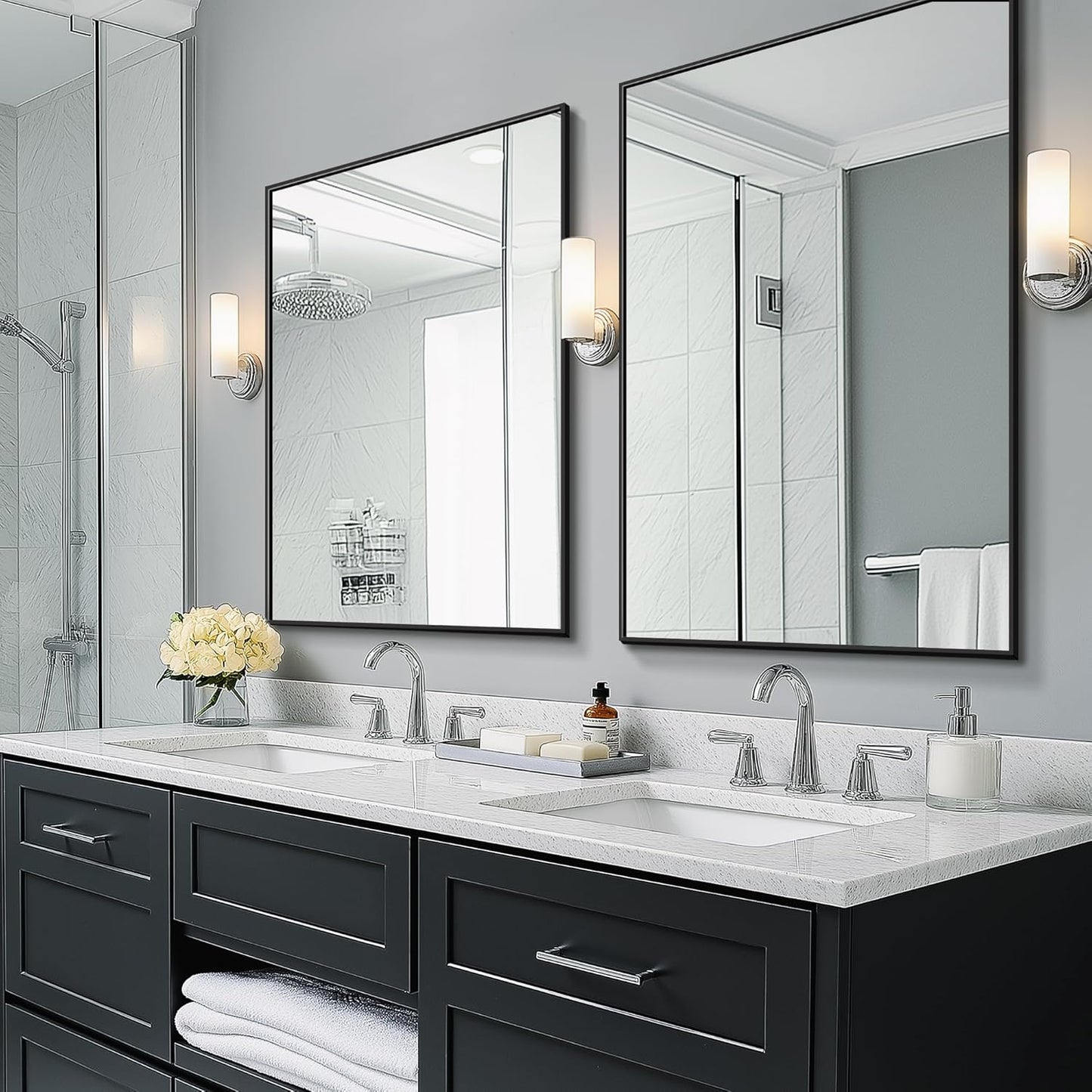 TRAHOME Bathroom Vanity Mirror - 36" x 24" Metal Framed Rectangular Design | HD Shatterproof Glass, Versatile Hanging Options (Black)
