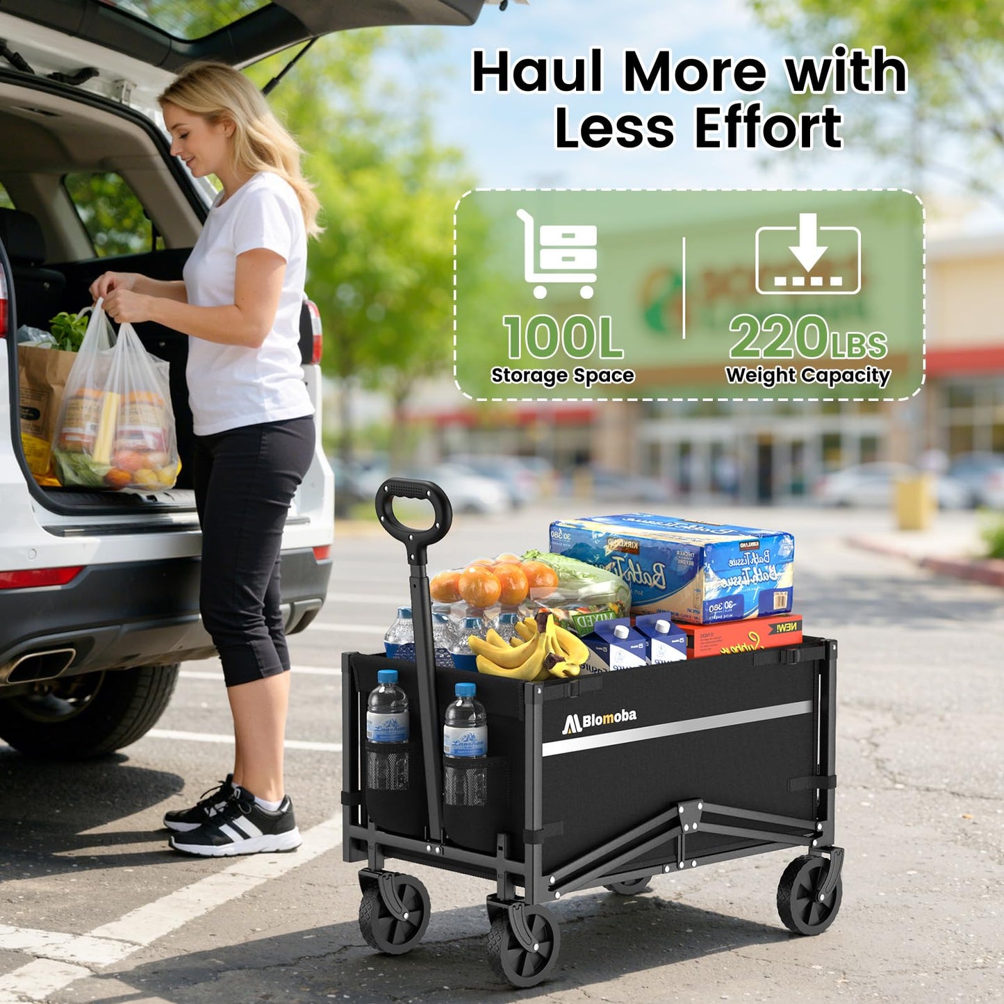 Blomoba Collapsible Wagon Cart, Flexible Handle, Portable Collapsible Wagon with All-Terrain Wheels 360° Rotation, 220LBS Heavy Duty Utility Cart for Garden Camping Grocery Sports Shopping Beach