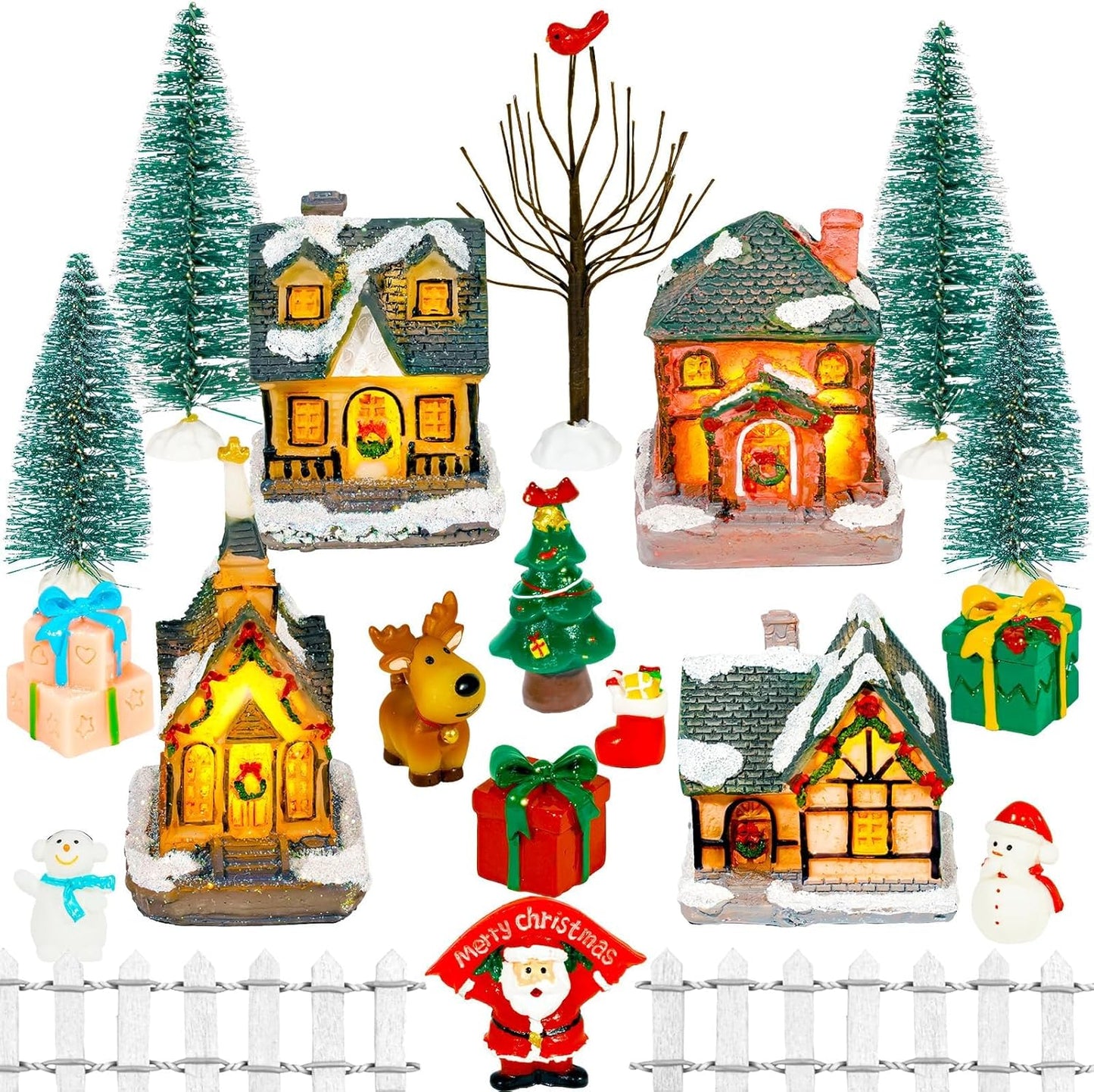 Warmtree Christmas Village Houses Set - 22 Pcs Resin Figurines with Santa, Tree & Picket Fence for Holiday Decor