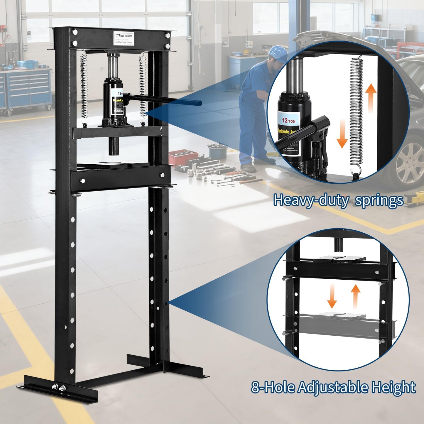 12 Ton H Frame Hydraulic Shop Press,Heavy Duty Garage Floor Press with Adjustable Height Stamping Plates,Built in Relief Valve for Bending Straightening Bearings u Joints Car Repair Professional Use