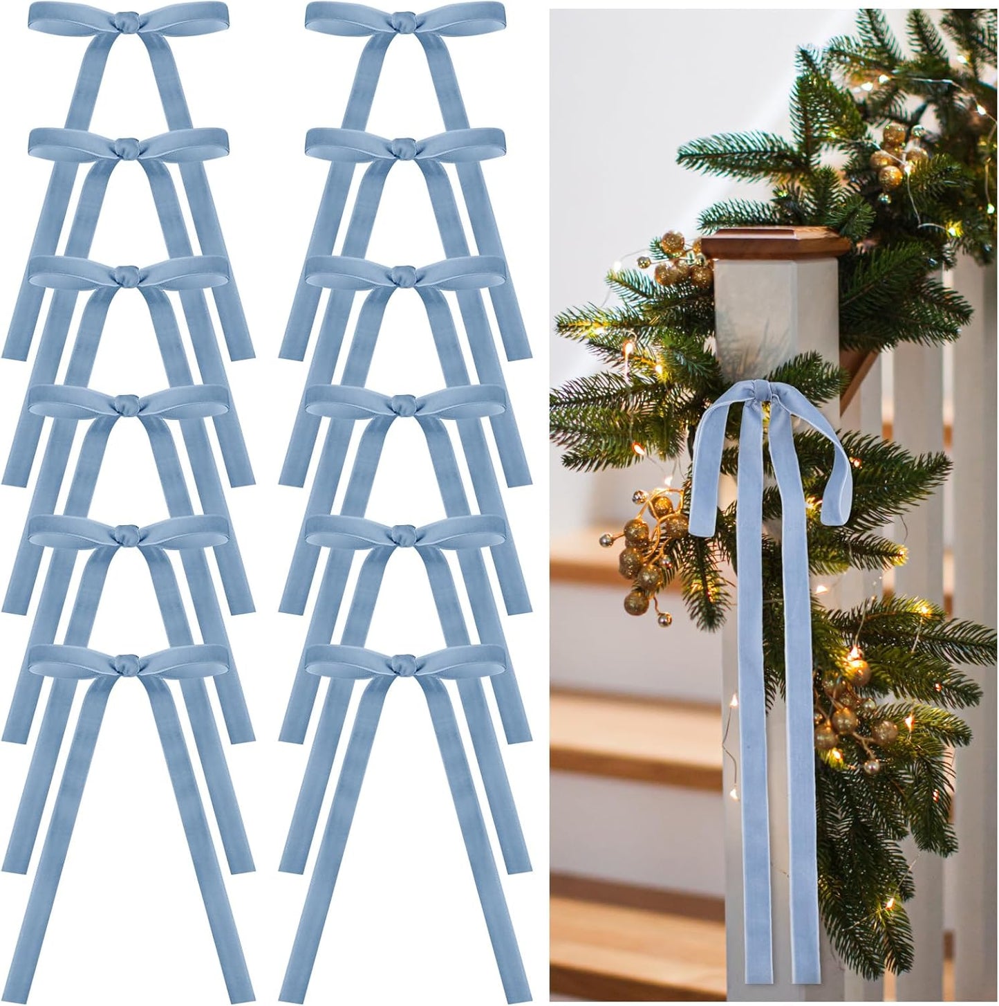 Skiennix 24 Pcs Velvet Bows - Vintage Ribbon Bows for Christmas Tree & Crafts | Dusty Blue, 9 x 13 Inch