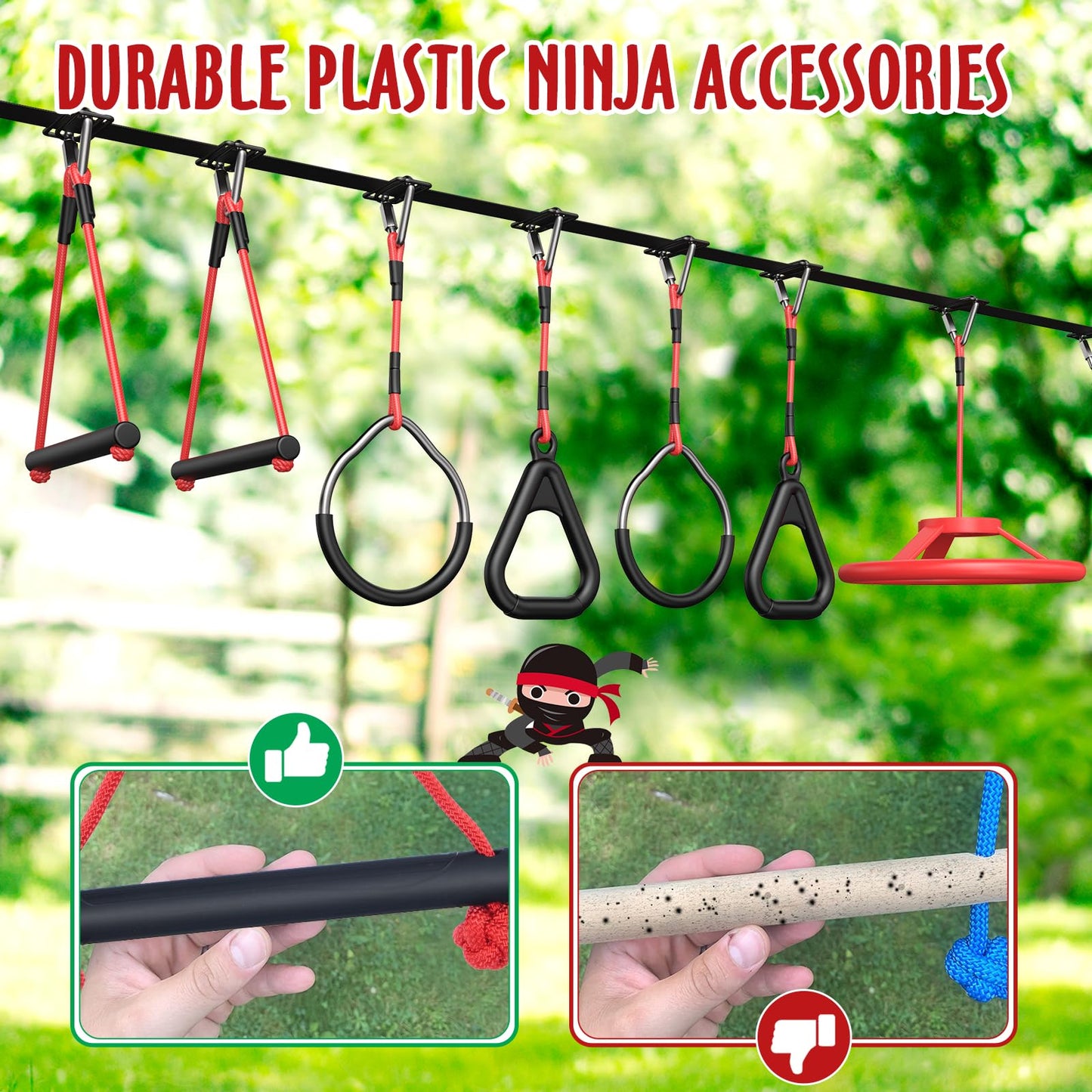 Hapfan 50 ft Ninja Warrior Obstacle Course for Kids with Tree Swing, Portable Slackline Swing Set with Weather-Proof Obstacles, Tree Jungle Gym Outdoor Playset for Backyard Outside