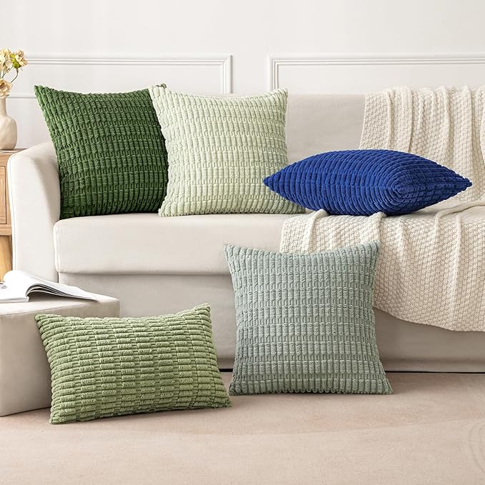 MIULEE Pack of 2 Spring Corduroy Decorative Throw Pillow Covers 16x16 Inch Soft Boho Striped Pillow Covers Modern Farmhouse Home Decor for Summer Sofa Living Room Couch Bed Moss Green
