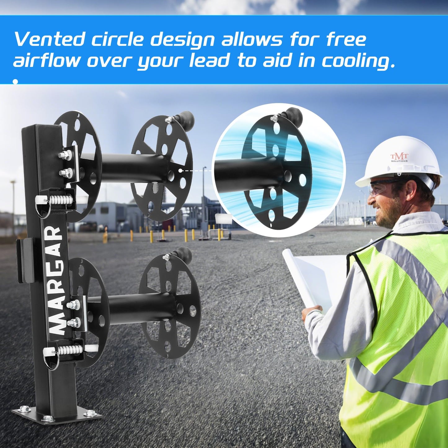 Heavy Duty Double Welding Cable Lead Reel, 10°Tilting Fixed Base, Accommodates 150 Feet of 1/0 and 125 Feet of 2/0 Cable (10" Reel)