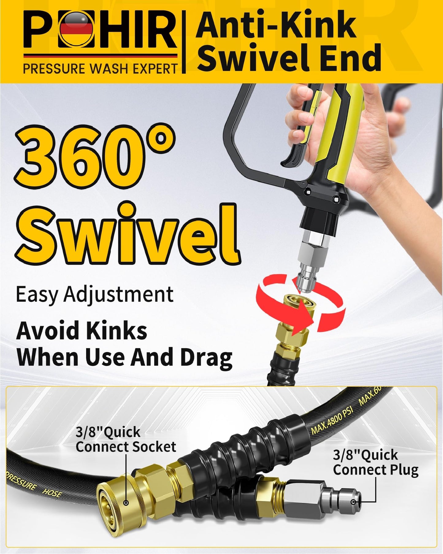 POHIR 3/8" Pressure Washer Hose 100ft 4800PSI, Power Washer Hose Steel Wire Braided with Swivel Quick Connect, Commercial Grade Industrial High Pressure Water Washing Hose (4800PSI, 100FT)