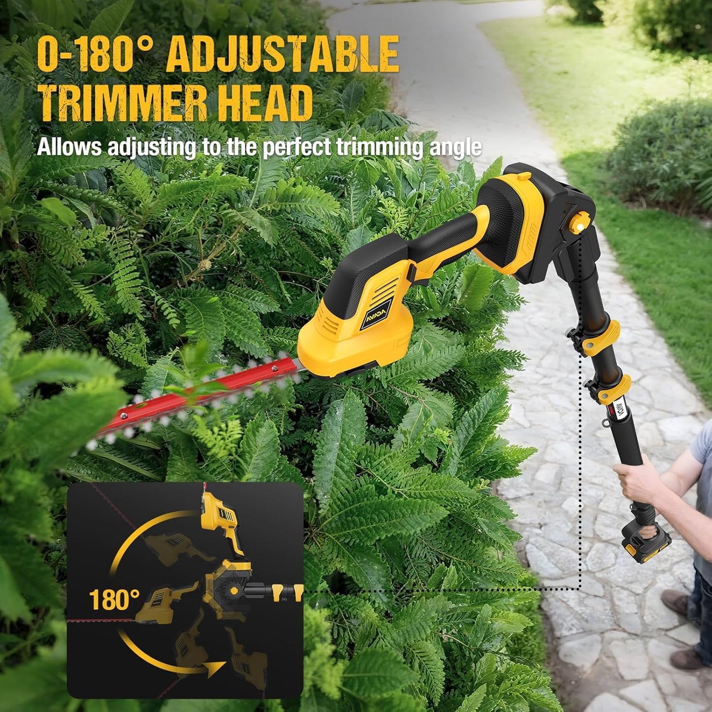 Pole Hedge Trimmer Cordless - Electric Hedge Trimmer & Grass Shear with 2x3000mAh Batteries,180° Adjustable Angle, 16 Ft Reach, Hedge Trimmers Cordless with Battery