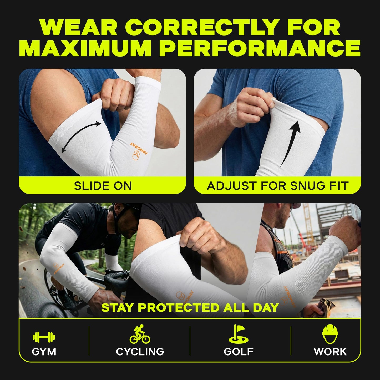 ARMORAY Arm Sleeves for Men & Women - 2 Pair UV Sun Protection Cooling Compression - Tattoo Cover Up Sleeve for Daily Wear & Work (White)