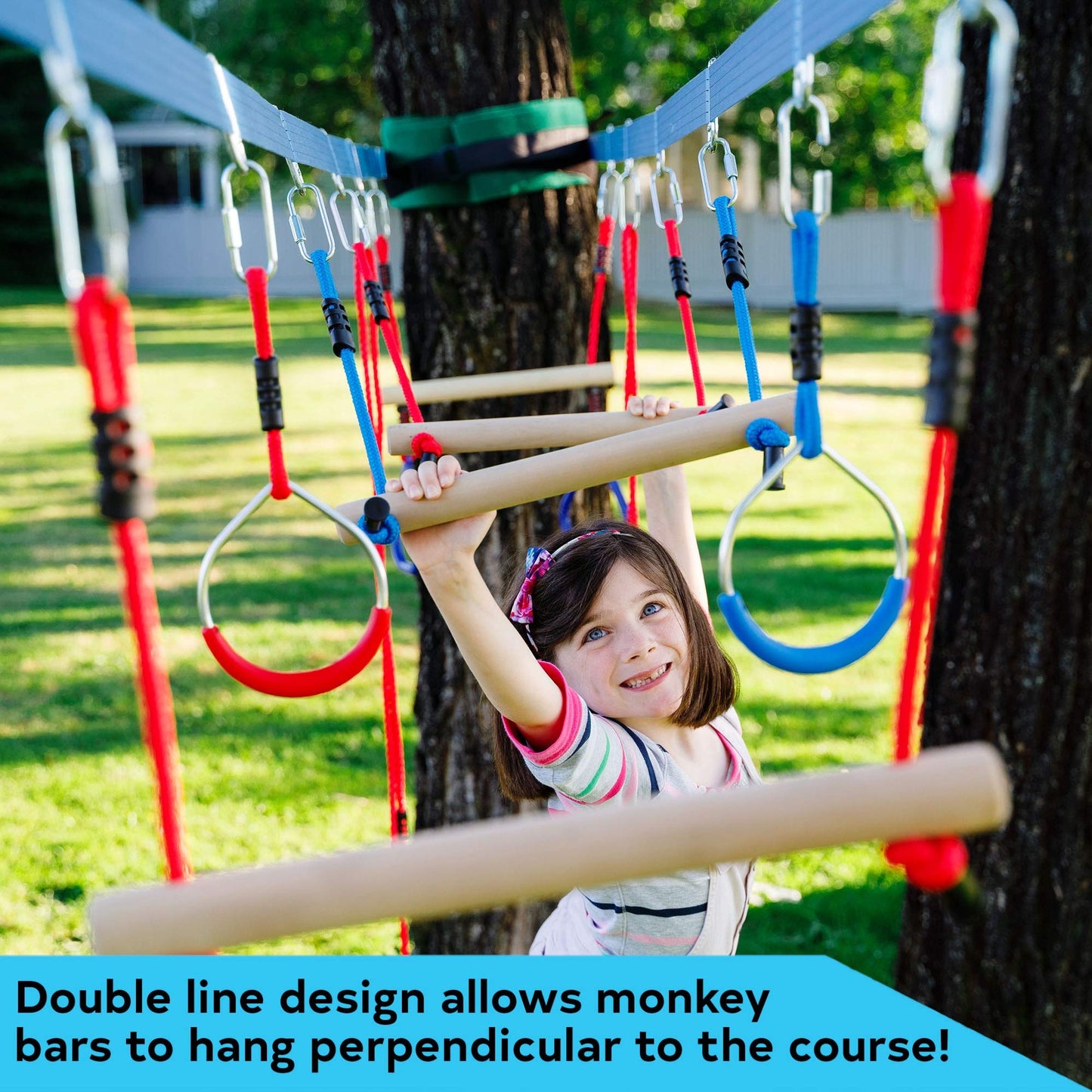 Double Ninja Slackline Obstacle Course for Kids | 110 Foot Line | Monkey Bars Playground Equipment | Ninja Warrior Obstacle Course for Kids | Patented Double Line Design (Deluxe)