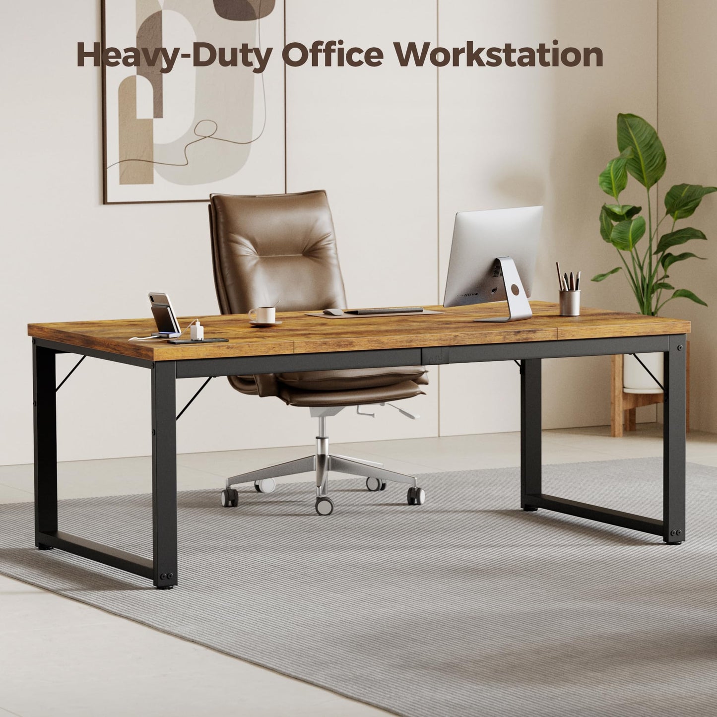 Mericonia 63 Inch Large Computer Desk with Power Outlets, 1.2" Thick Heavy Duty Industrial Office Desk, Modern Simple Study Writing Table for Home Office Bedroom Workstation, Brown