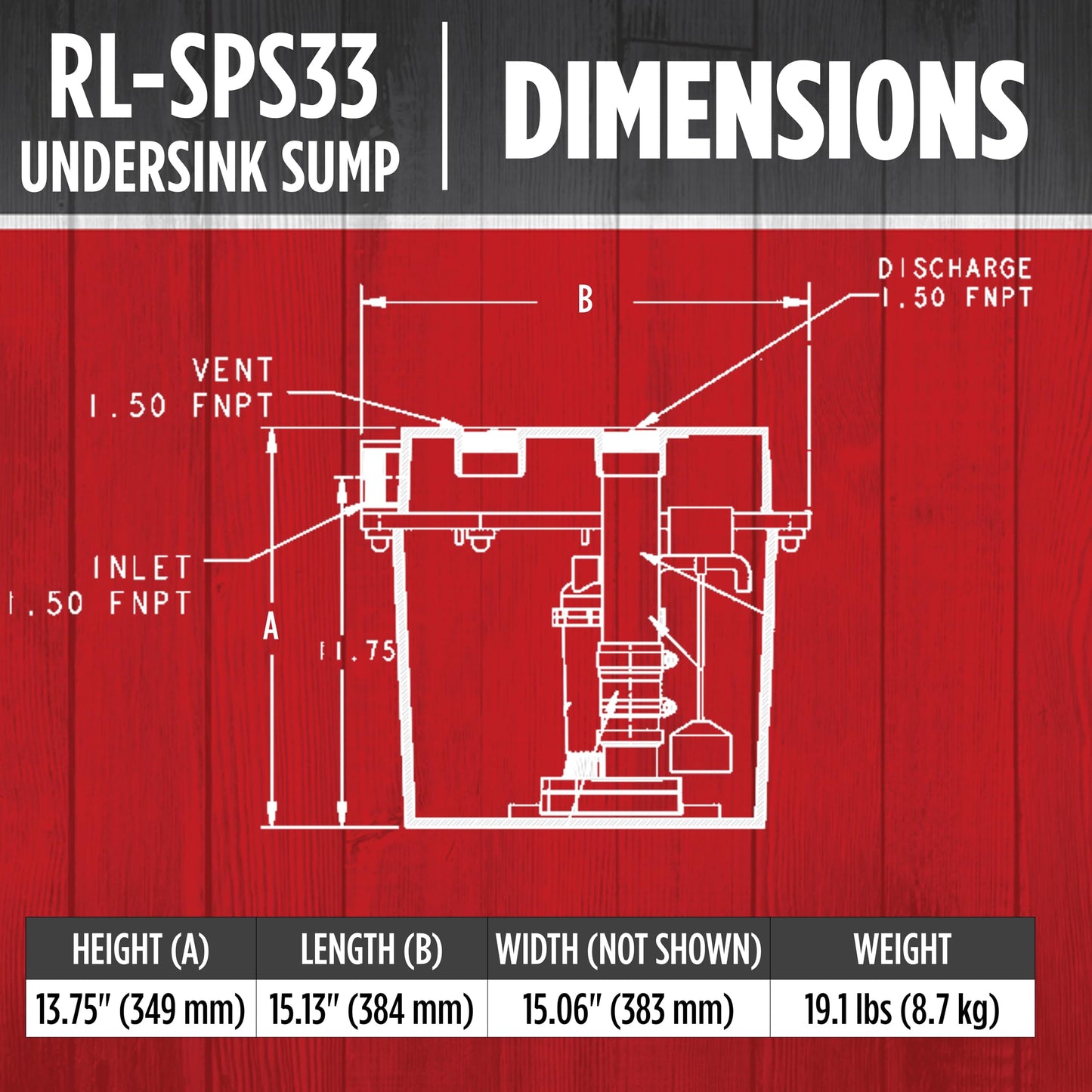 Red Lion RL-SPS33 1/3 HP, 115-Volt, 3200 GPH Under-Sink Sump Pump System with 6 Gallon Basin, Red/Black, 14942736