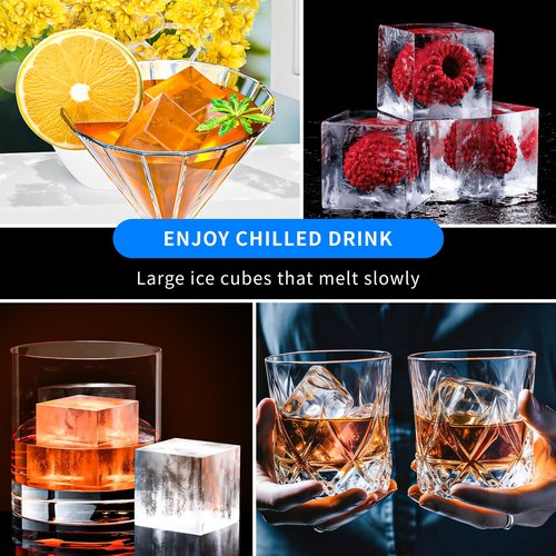 Large Ice Cube Tray for Whiskey 3 Pack, HANCELANT Big Silicone Square Ice Cube Mold with Removable Lid, 2'' Huge Square Ice Cubed Tray for Whisky and Cocktail(Blue+Green+Pink)