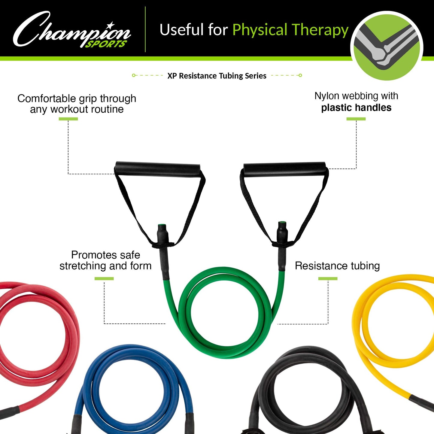 Champion Sports XP Resistance Tube Band – Extra Heavy, Black – Strength Training, Stretching, Rehab, Home Workout