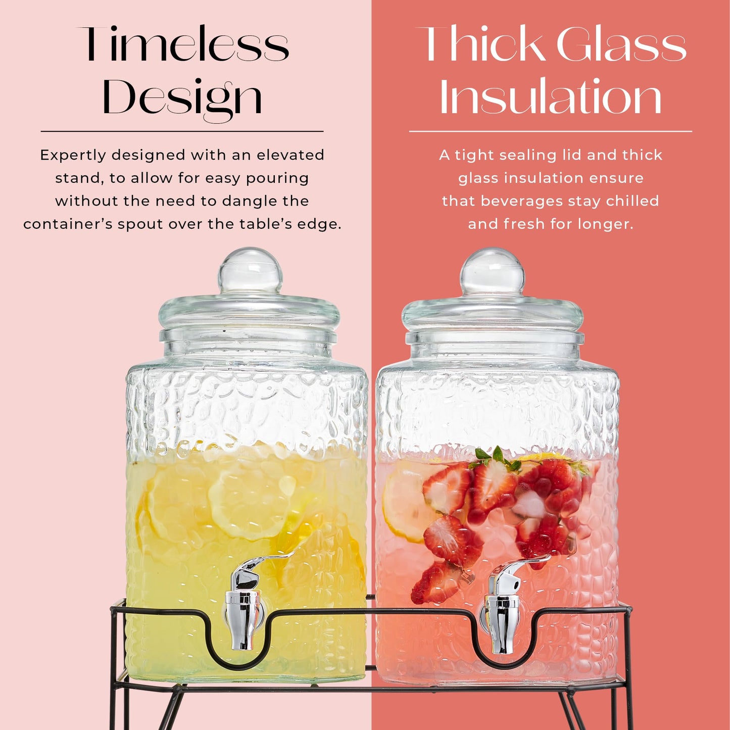 Style Setter Premium Glass Drink Dispensers with Metal Stand for Parties – Beverage Dispenser Set for Cold Drinks, Lemonade, Cocktails, Juice – Party Glass Drink Dispenser Station - 1.5 Gal, Set of 2
