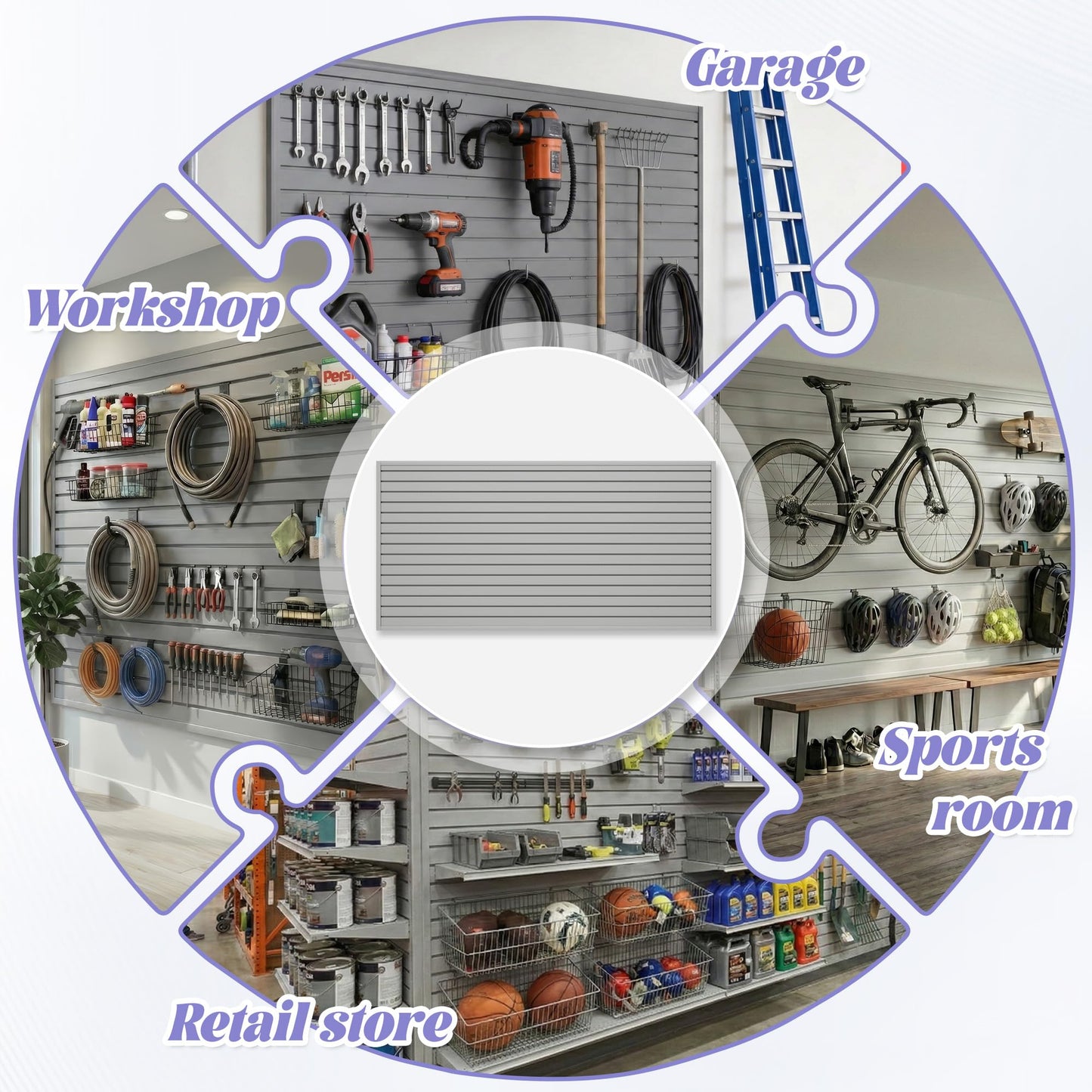 SMARTSTANDARD Heavy Duty PVC Slatwall Panels 4x8 ft, Interlocking Garage Wall Organizer System, Tool Board for Retail Display, Workshop & Home Storage - Gray
