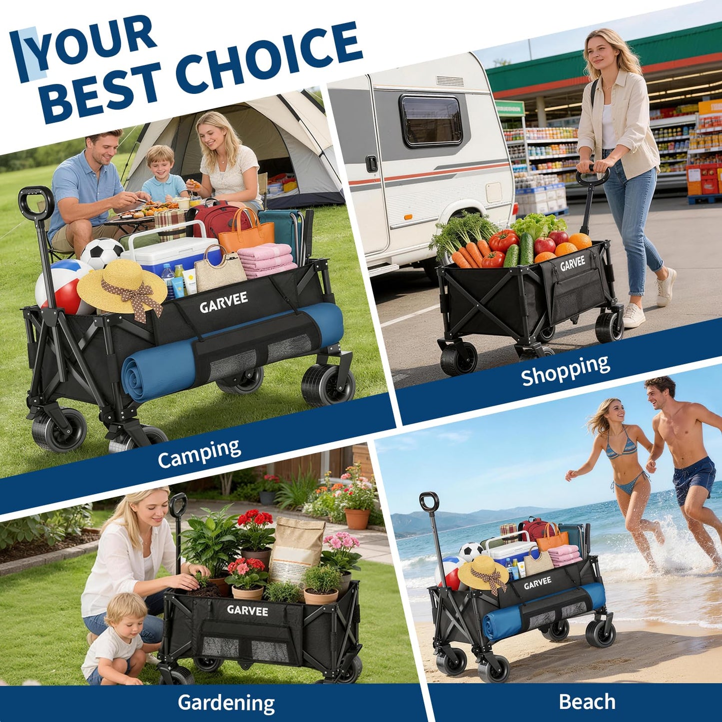 Wagon Carts Foldable, 460LBS Weight Capacity 280L Collapsible Wagon with All-Terrain Wheels, Drink Holders, Storage Cover&Elastic Rope, Utility Carts for Groceries, Shopping, Camping, Sports -Black