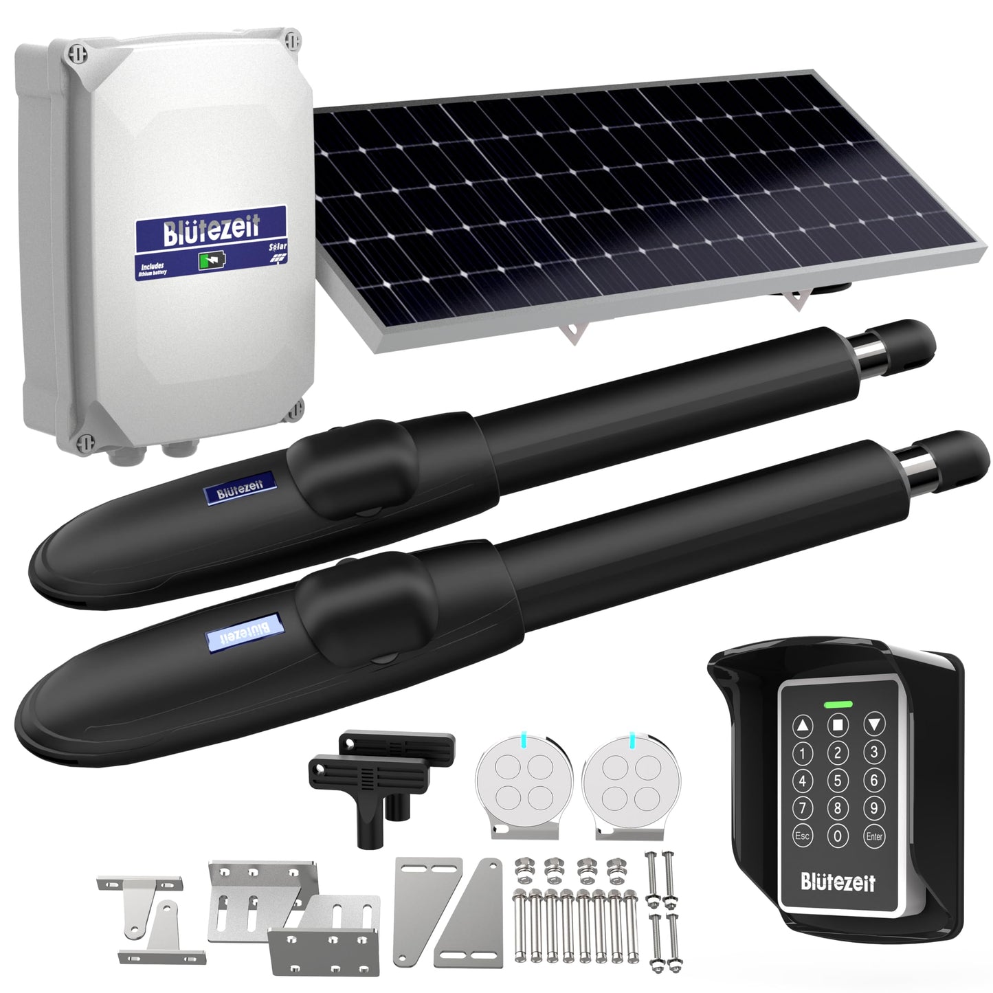 Blütezeit MS650 Solar Swing Gate Opener + Wireless Keypad Bundle – 1760 lb Dual-Arm Operator with Built-in 24 V Battery, 25W Solar Panel & IP54 Keypad