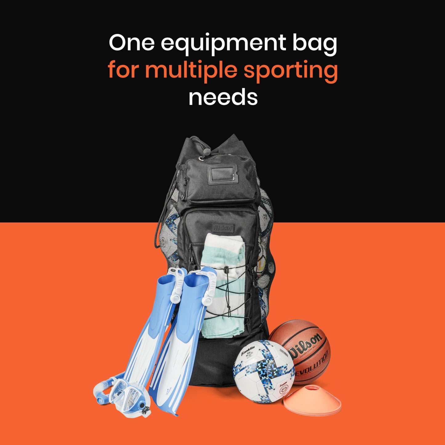 Fitdom Heavy Duty Large Soccer Mesh Equipment Ball Bag w/Adjustable Shoulder Strap Design for Coach. 2 Front Pockets for Sporting Accessories. Best for All Outdoor & Water Gears