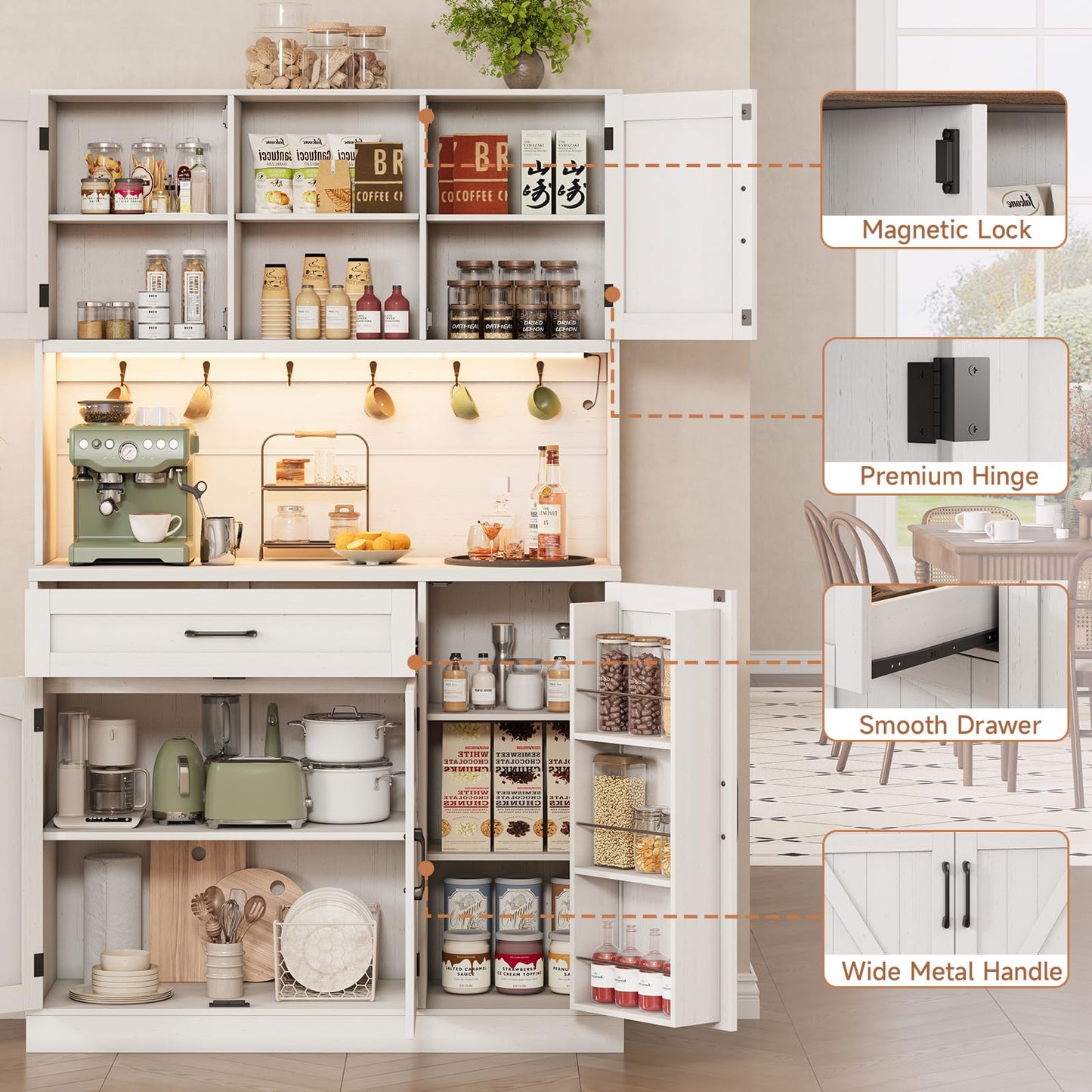 Tall Pantry Cabinet with Charging Station, Kitchen Pantry Storage Cabinet with LED Light & Microwave Stand, Kitchen Hutch with Storage Drawer & Door Shelf for Living Room, Dining Room, Off White