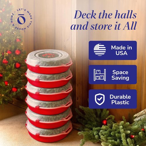 HOMZ 6-Pack Holiday Wreath Storage Organizers - 24 Inch Red & Clear Stackable Plastic Containers