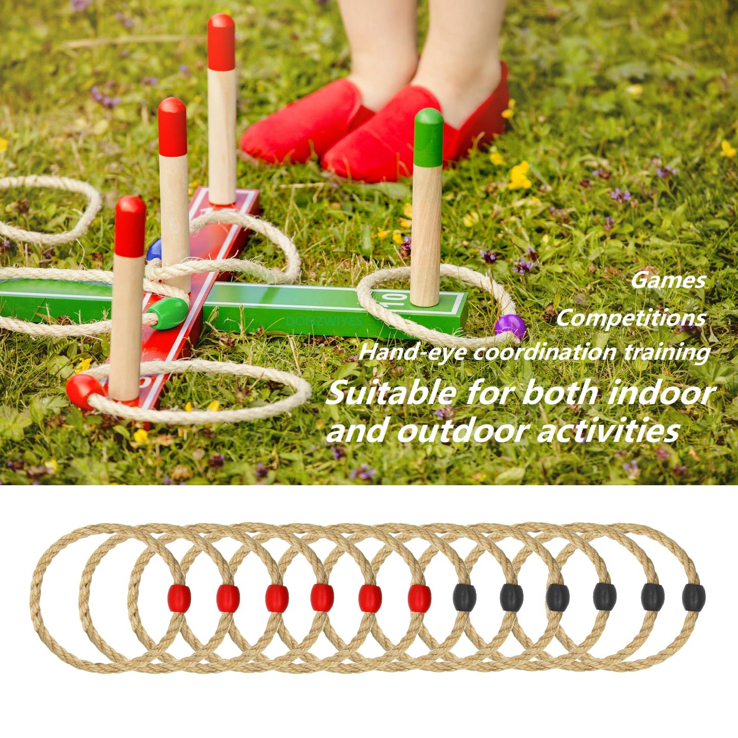 12 Pack Sisal Rope Ring Toss Game Replacement Parts for Adults and Kids, Outdoor Toss Rings for Agility Practice and Speed Game and Yard Games and Lawn Games for Party (Red and Black)