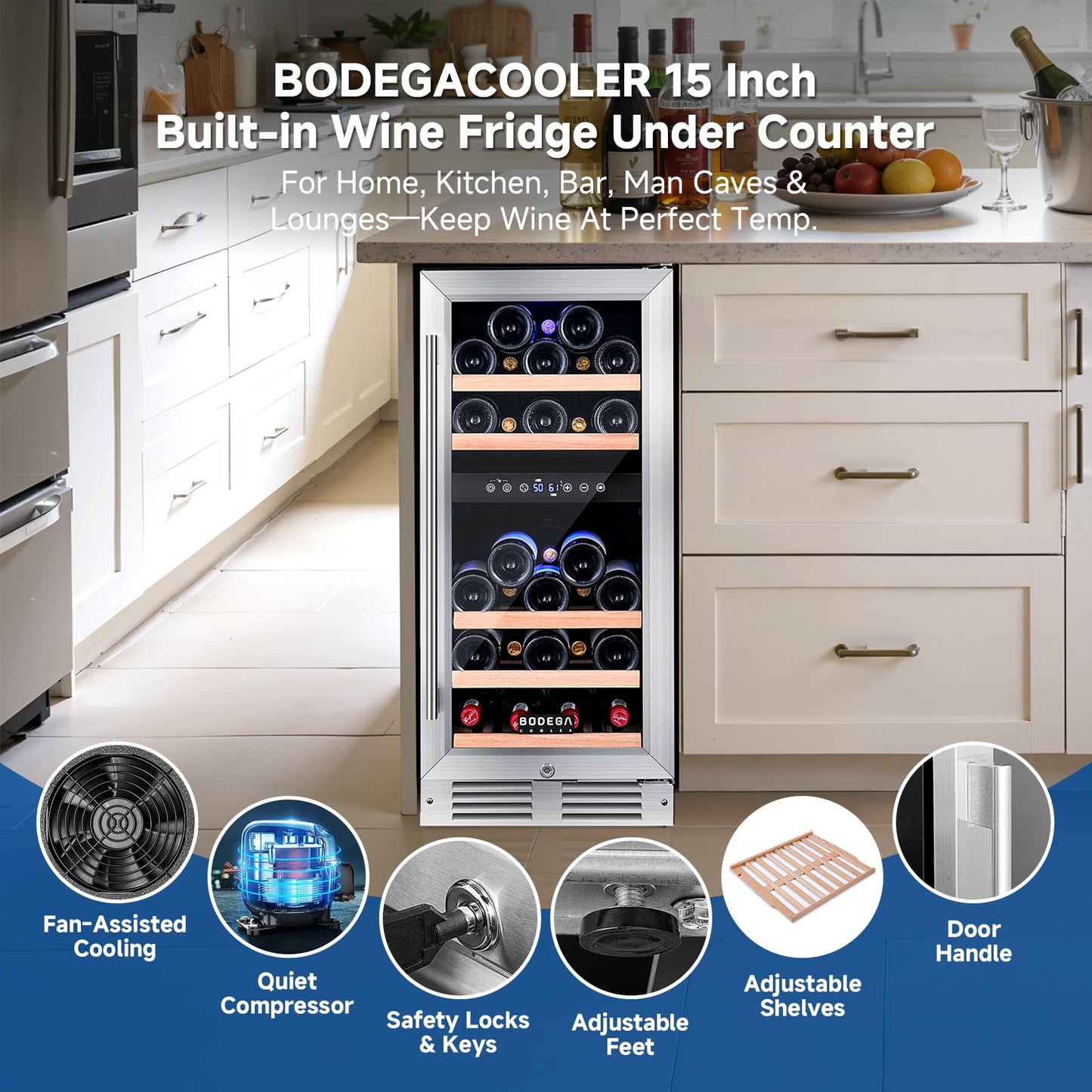 BODEGA 15 Inch Dual Zone Wine Cooler, 30 Bottle Compressor Wine Fridge with 41-72°F Temp Control, Built-in & Freestanding, UV-Protected Glass Door, Stainless Steel – for Home Bar, Kitchen.