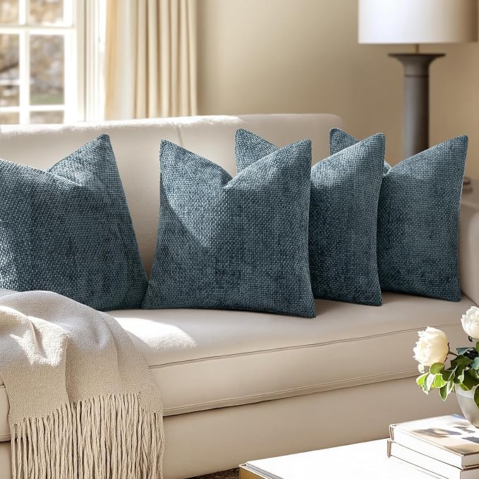 MIULEE Pack of 4 Couch Throw Pillow Covers 18x18 Inch Navy Blue Soft Decorative Chenille Pillow Covers Farmhouse Accent Cushion Covers for Boho Home Decor Sofa Bedroom Living Room