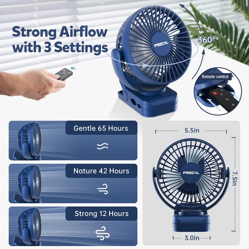 Clip on Fan 65 Hours Portable Desk Fan Rechargeable with LED Lights & Hooks 12000 Capacity Battery Operated Fan with Clips Small Desk Fan Mini Fans for Tents Travel Outdoor Camping Golf Cart Stroller