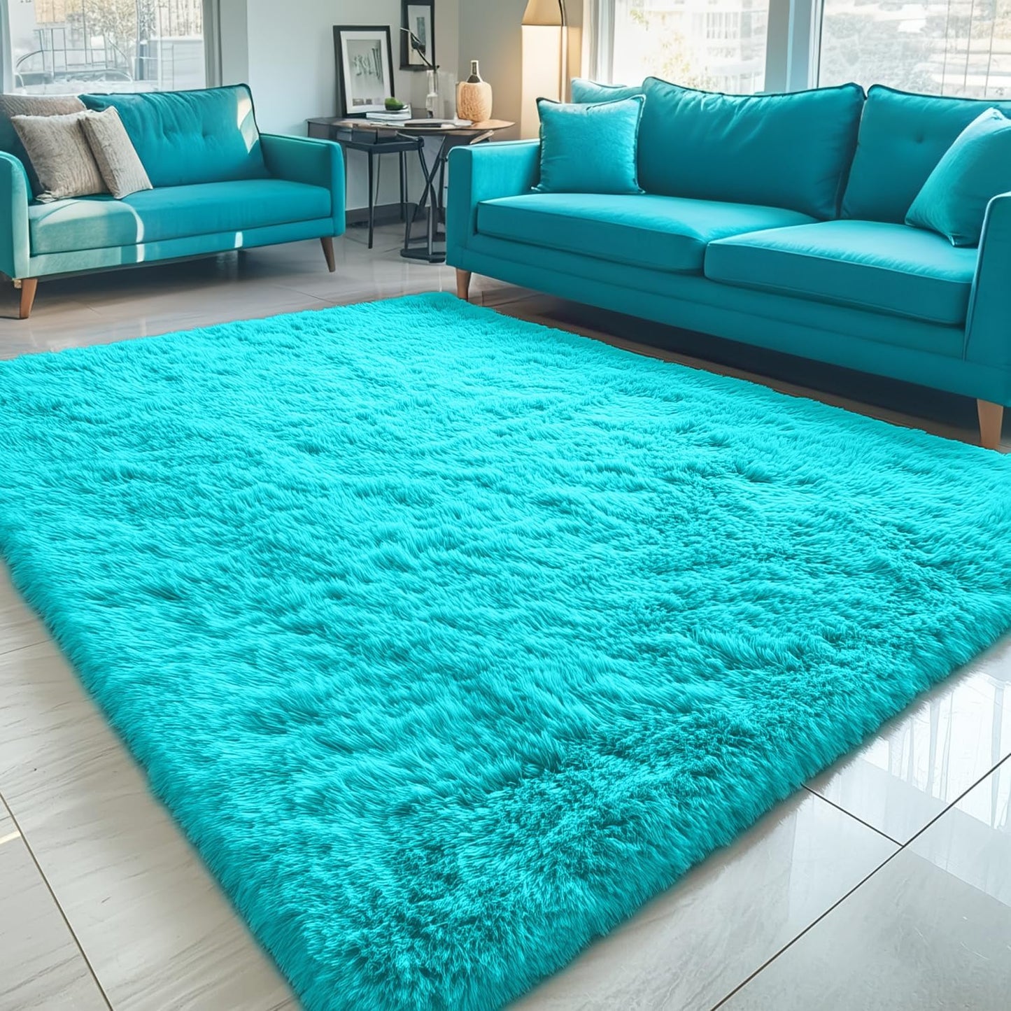 OLANLY 5x7 Soft Fluffy Shaggy Area Rug - Machine Washable Indoor Carpet for Living Room & Bedroom | Teal Blue