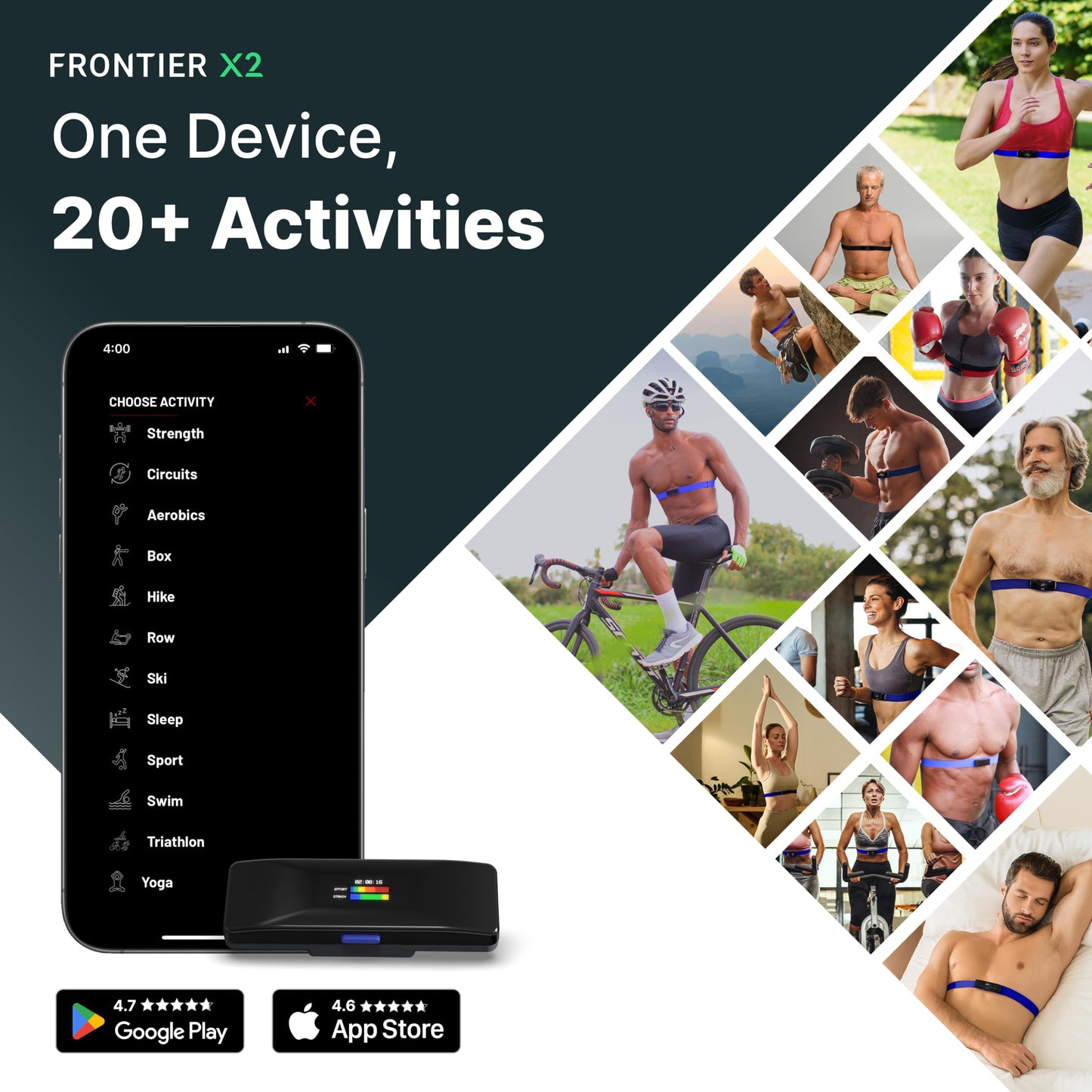 Frontier X2 Smart Heart Rate Monitor Chest Strap, Wearable Heart Rate Monitor with Strain, Breathing Rate, Real Time Vibration Alerts and 20+ Fitness Activities with Continuous Heart Monitoring