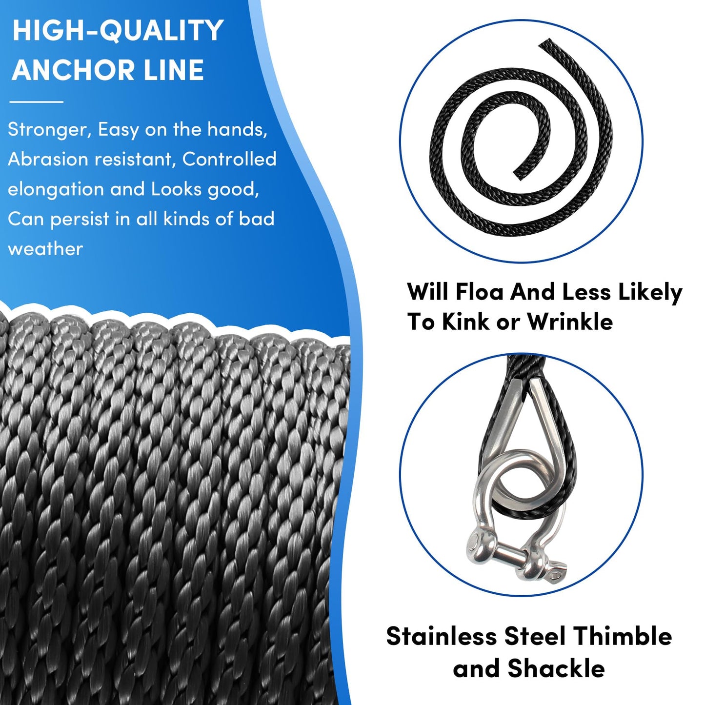 Premium Anchor Rope 50 ft x 3/8 inch, Solid Braid MFP Anchor Line Boat Rope with Thimble & Shackle - Black