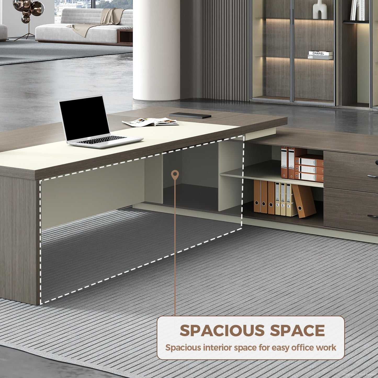 ZIMASYA 79 Inch L Shaped Executive Office Desk with Storage Cabinet, Right Return Desk with 2 AC Outlets and 2 USB Ports, Lockable Drawer, Cable Management Box, Smoked Gray and Off White