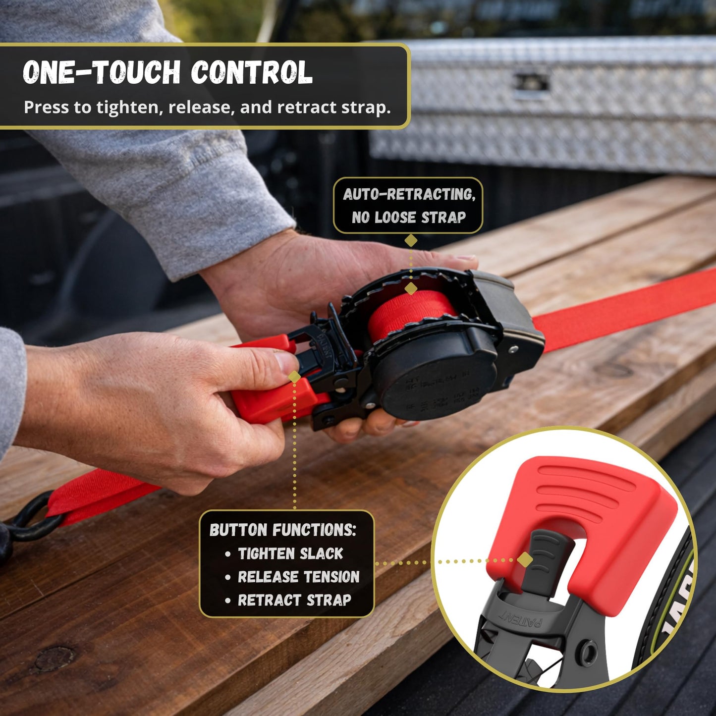 JACO Retractable Ratchet Straps Tie Down Kit (4-Pack) - 1 inch x 15 ft. (1,763lb Break Strength) (Red)