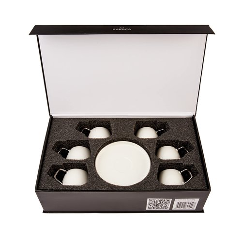 KARACA Saturn Platin Turkish Coffee Cup Set of 6, (12 Piece) White Cups with Saucers - 3.3 oz Small Porcelain Modern Set - Ideal for Serving Greek, Arabic Coffee & Espresso
