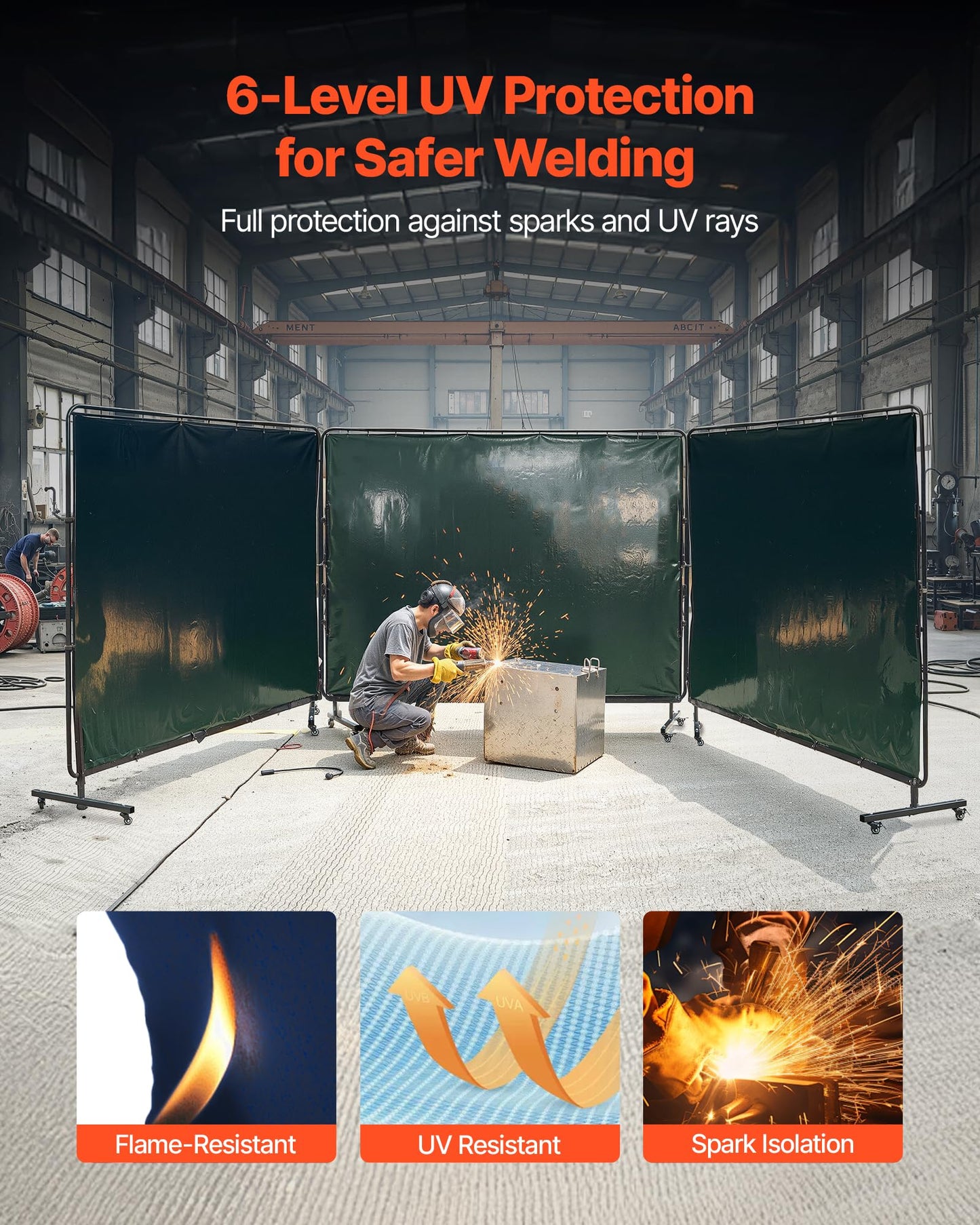 VEVOR Welding Screen with Frame, 3-Panel 6 x 8 FT Welding Curtain Screen, Flame-Resistant Vinyl Safety Protection Screens with 12 Wheels & 6-Level UV Protection for Workshop/Industrial Use, Dark Green
