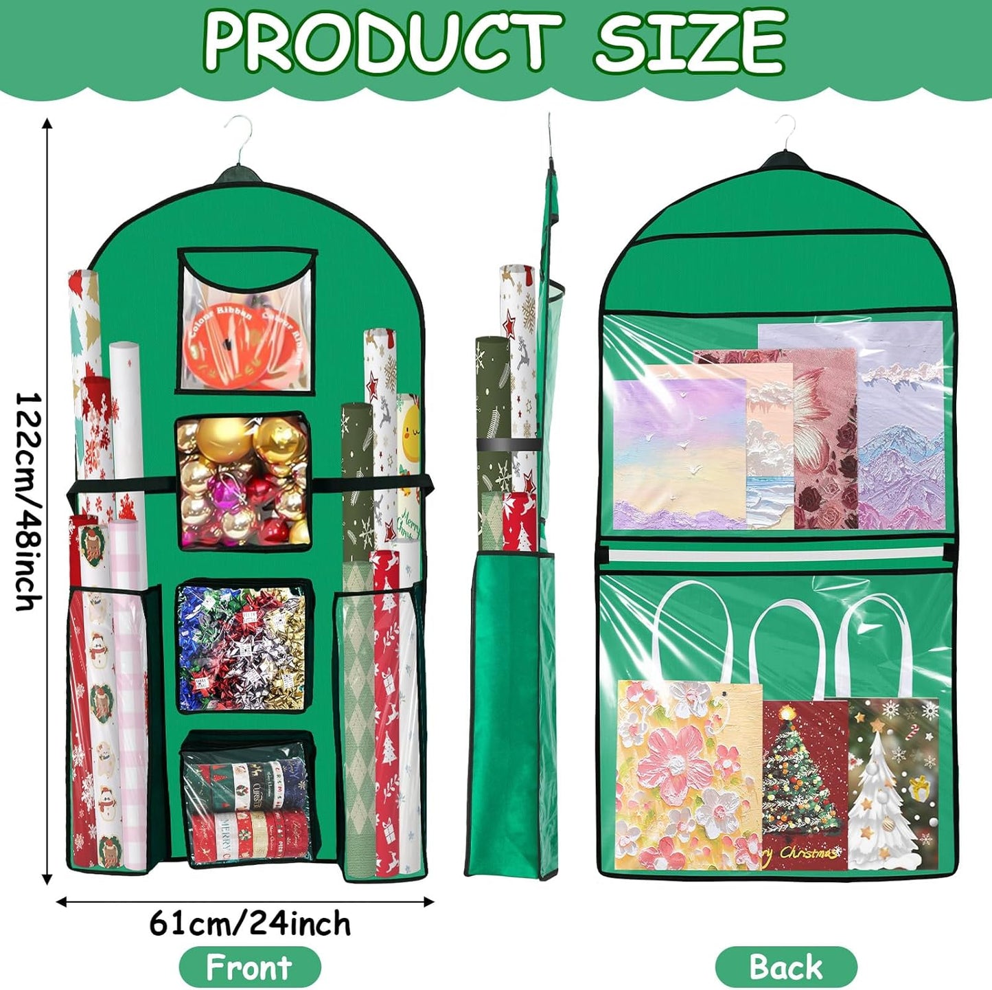 Skiennix Hanging Gift Wrapping Paper Organizer - Double-Sided Over The Door Storage | 48x24 Inch, Green