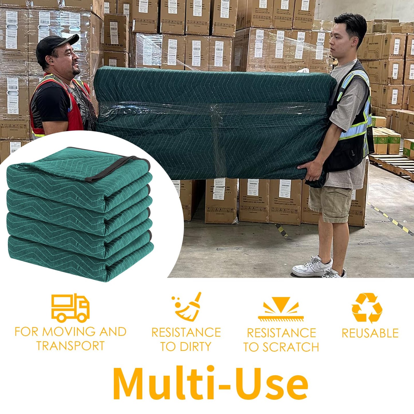 Diamond UP Moving Blankets 4 Pack, Double Extra Large 144"x80" (85 lb/dz) Heavy Duty Quilted Packing Blankets for Moving, Shipping & Storage, Professional Furniture Pads -Green & Gray