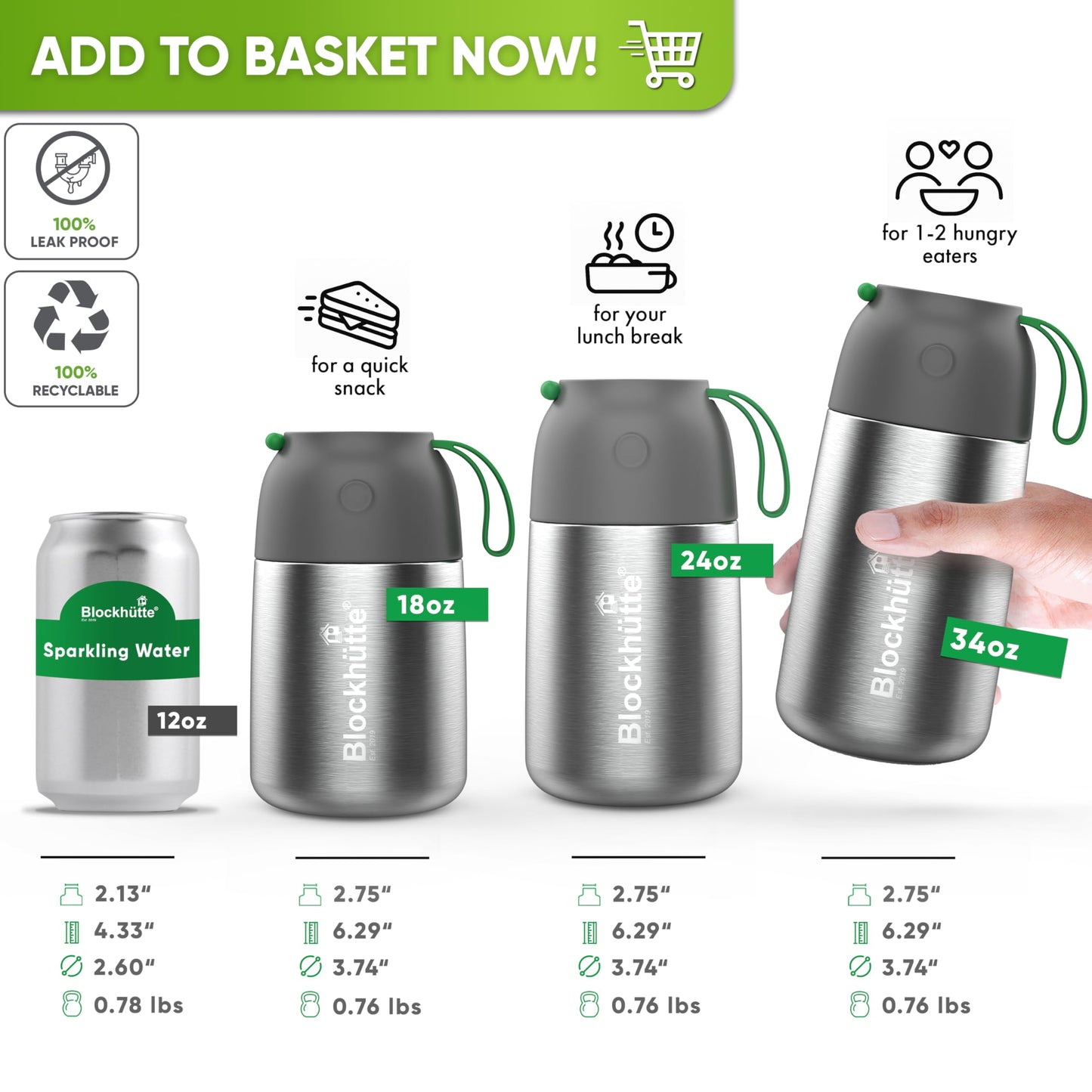 Blockhütte Thermos for Hot Food - 34 oz Vacuum Stainless Steel Thermal Lunch Box, Leakproof Soup Thermos, Wide Mouth Insulated Food Jar