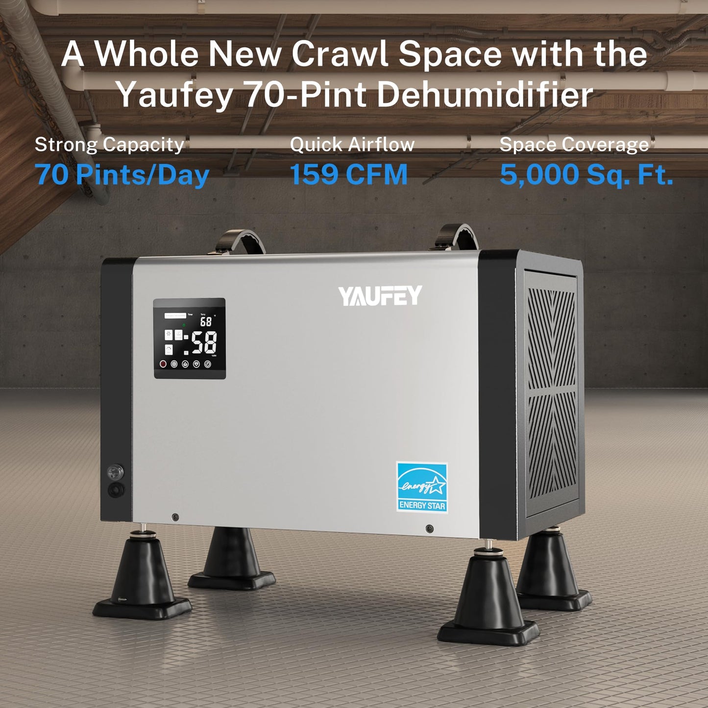 Yaufey 70 Pints Energy Star Commercial Dehumidifier with Drain Hose for 5000 Sq. Ft. Crawl Space, Basement, Industrial, 10-90% RH Humidity Control, 24/7 Continuous Drainage,TUV Certified,5-Yr Coverage