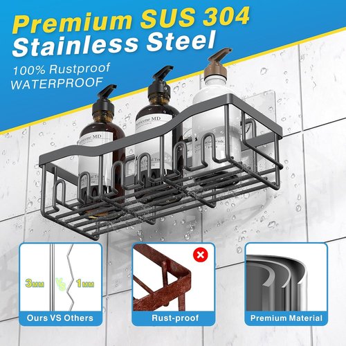 EUDELE Rustproof Stainless Steel Shower Caddy - No Drill Adhesive Organizer with Large Capacity | XL Size for Bathroom & Kitchen Storage
