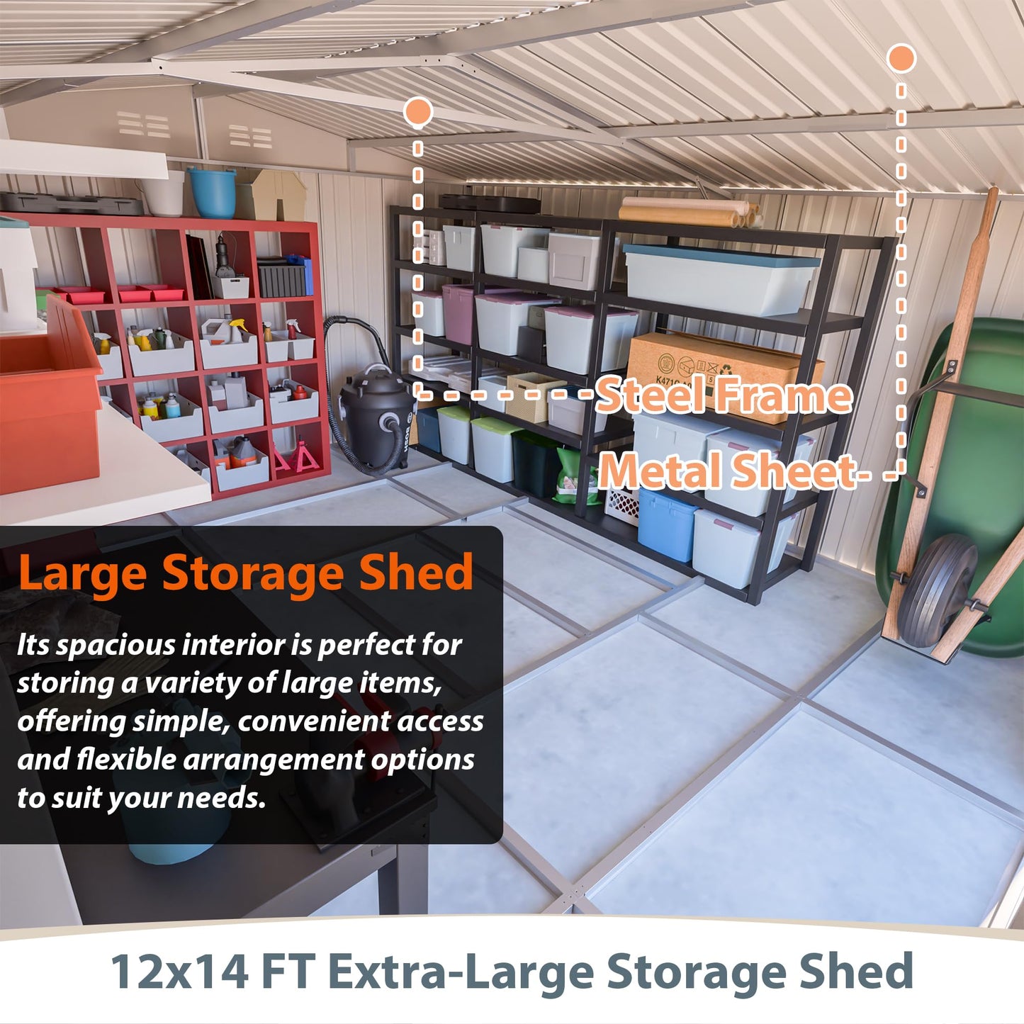 12'x14' Galvanized Steel Outdoor Storage Shed with Built-in Raised Metal Floor, Lockable Double French Hinged Doors & 4 Top Air Vents, Extra Large Garden Tool Shed, Gray