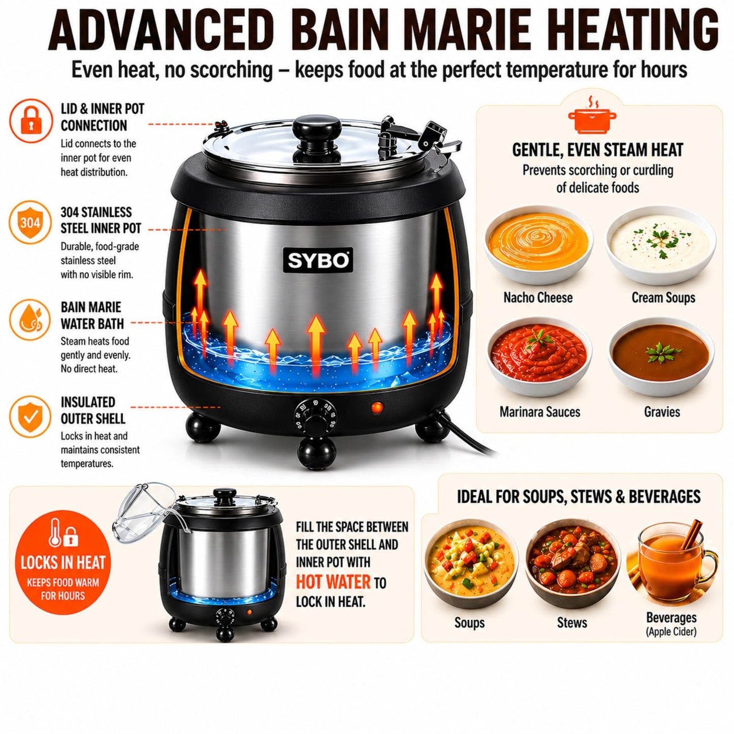 SYBO SB-6000 Commercial Grade Soup Kettle with Hinged Lid and Detachable Stainless Steel Insert Pot for Restaurant and Big Family, 10.5 Quarts, Black