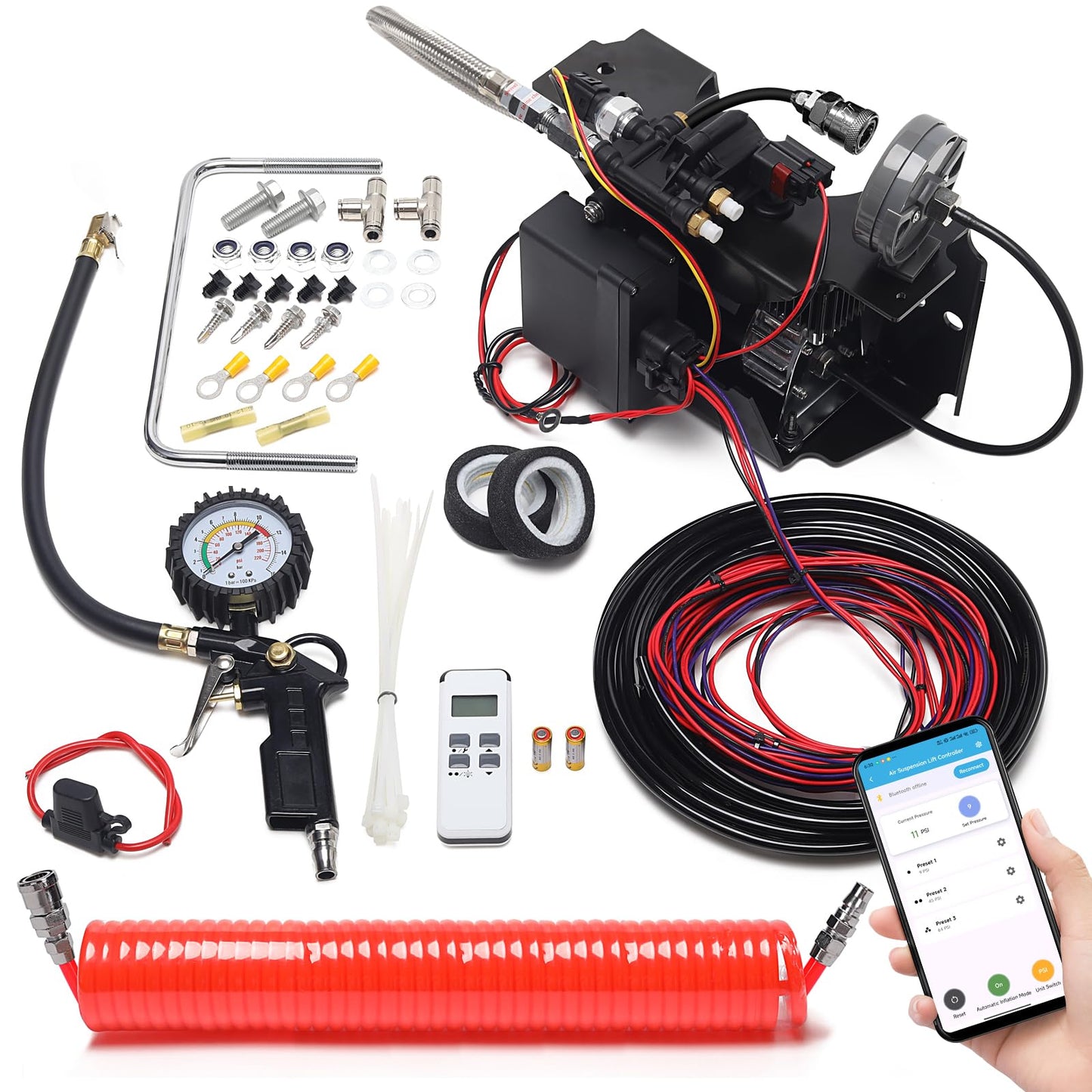 130 PSI Wireless Air Shock Controller Kit 25980EZ, Bluetooth App & Remote Control, Easy Install, Compatible with Cars, SUVs, Trucks, HASK-01APP