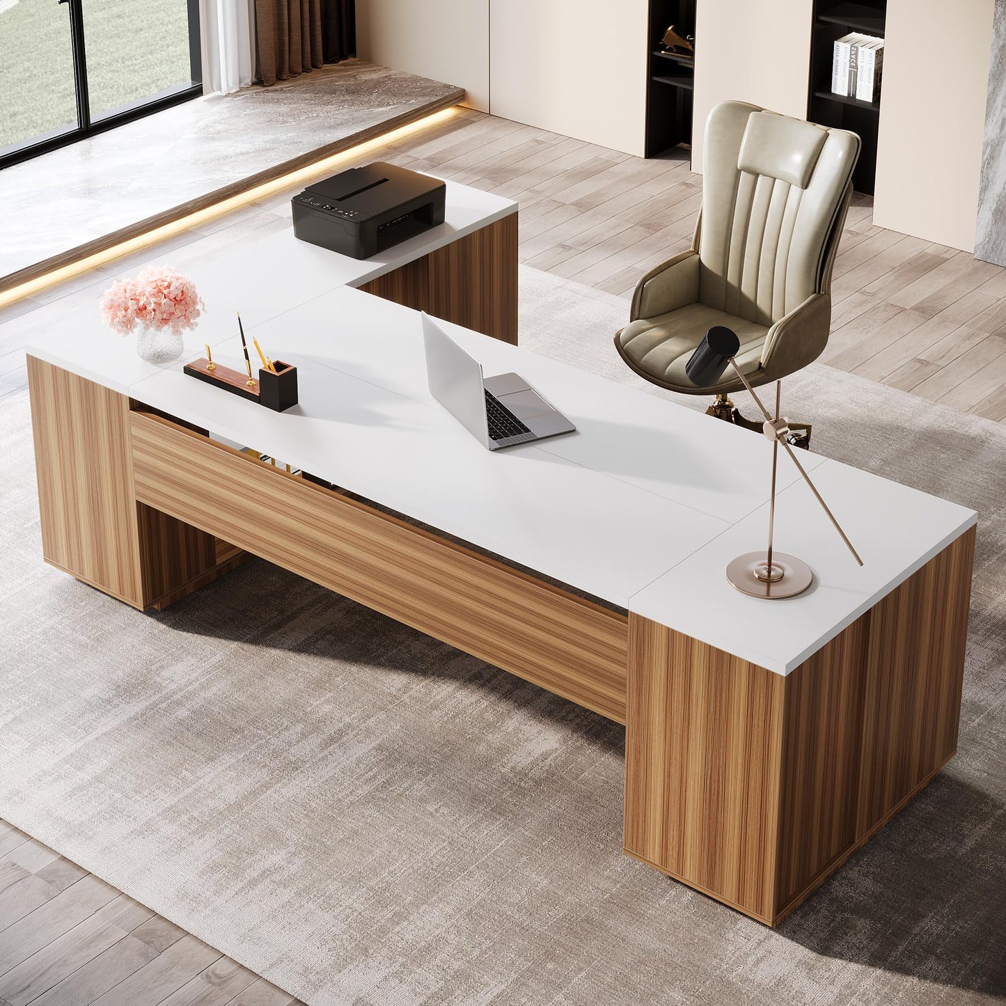 Tribesigns 85.8-Inch L-Shaped Executive Office Desk with File Drawers & Storage Cabinet, Professional Corner Computer Desk Extra Large Business Workstation with Adjustable Shelves (White&Walnut)