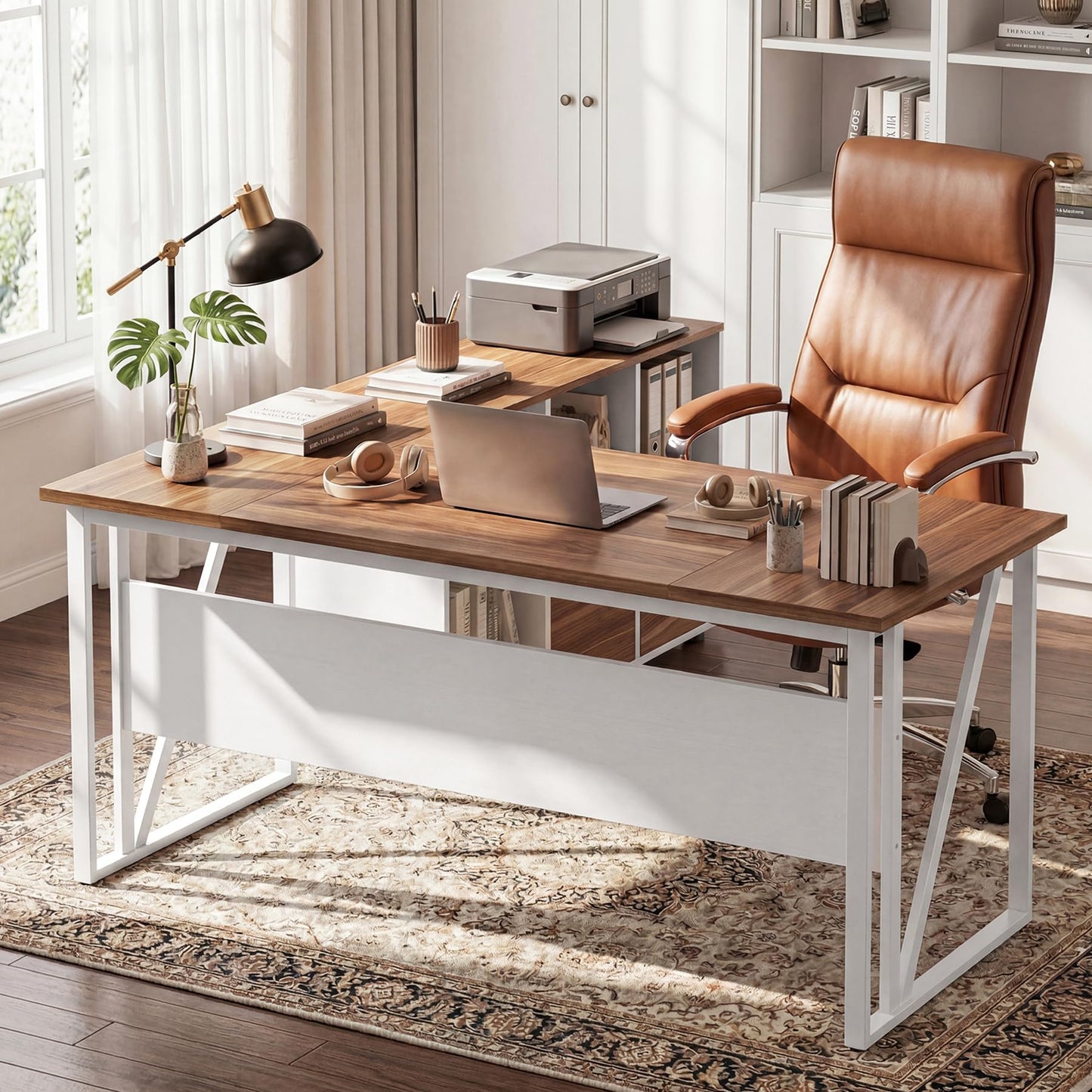 Tribesigns 63-Inch Executive Desk with 47" Mobile File Cabinet, L-Shaped Computer Desk with Drawers & Shelves, Large Industrial Home Office Desk Set with Storage (Light Brown & White)