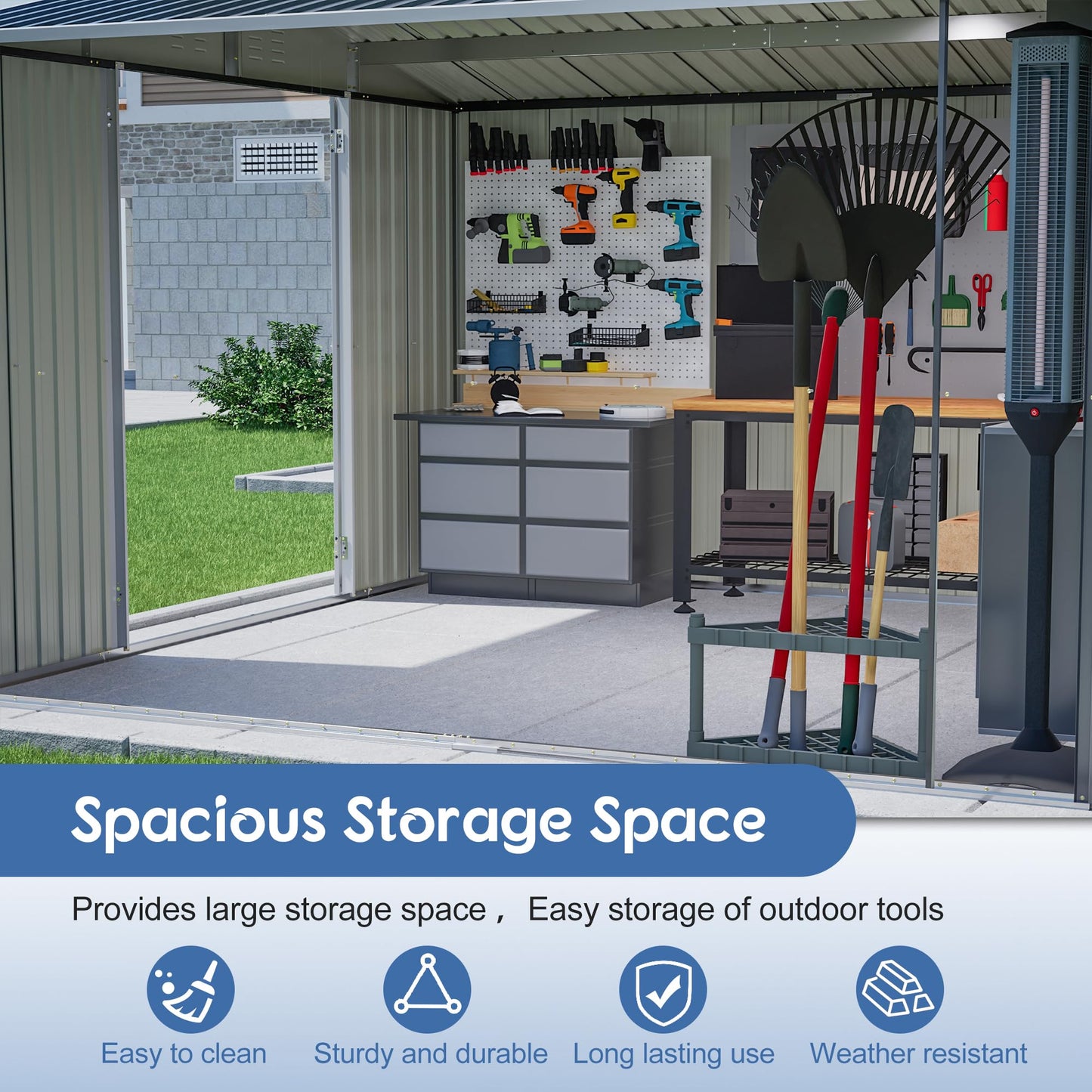 10'x10' Galvanized Steel Outdoor Storage Shed with Lockable Sliding Double French Doors & Top Air Vents, Large Heavy-Duty Garden Tool Shed, Black